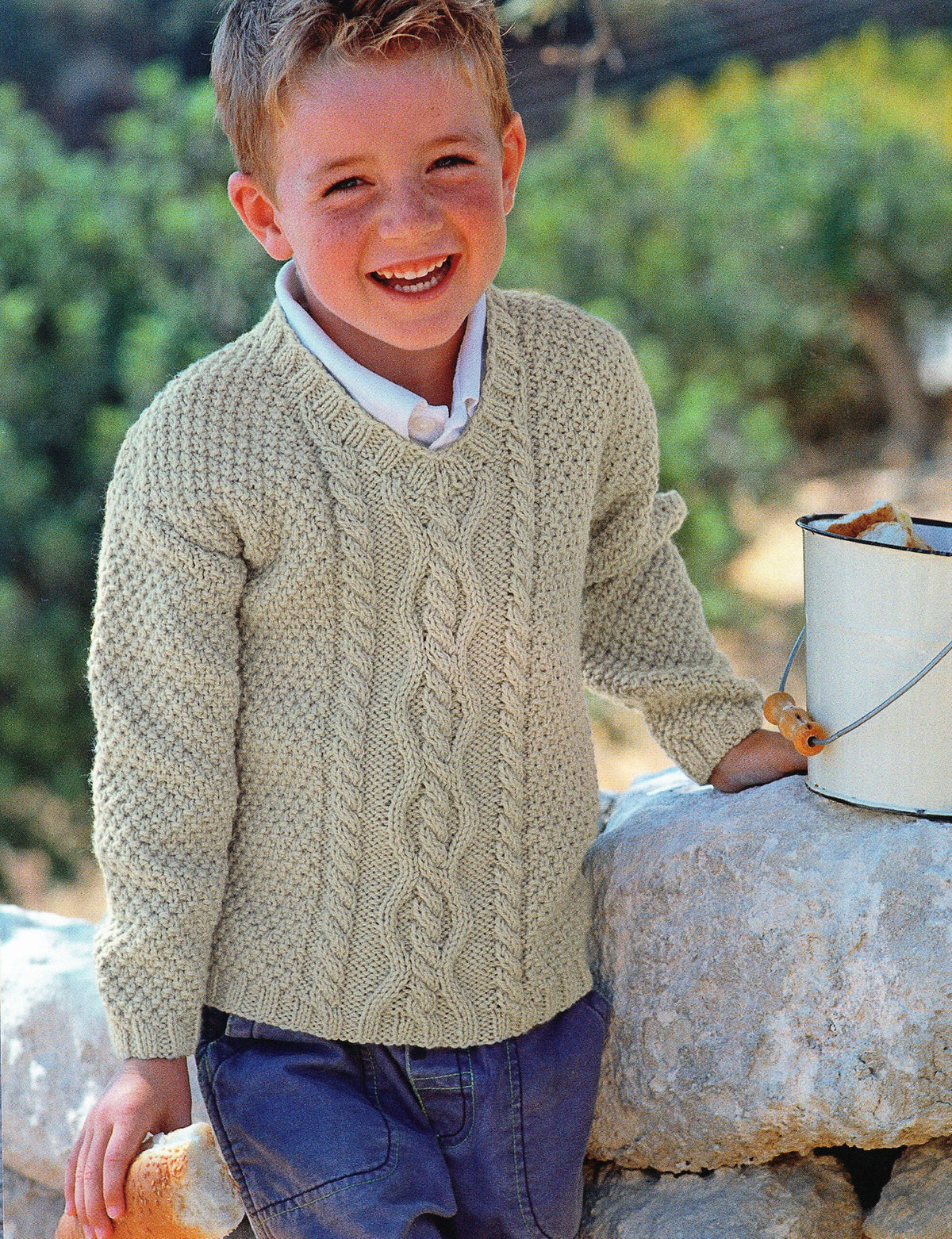Boy-Crew Neck- V Neck Cable Moss Stitch- sweaters- and slipover Aran wool- chest 22-30 inches-  KNITTING Pattern