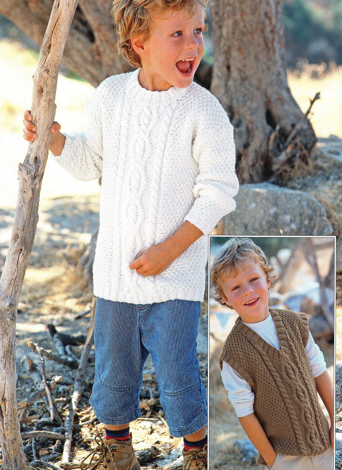 Boy-Crew Neck- V Neck Cable Moss Stitch- sweaters- and slipover Aran wool- chest 22-30 inches-  KNITTING Pattern