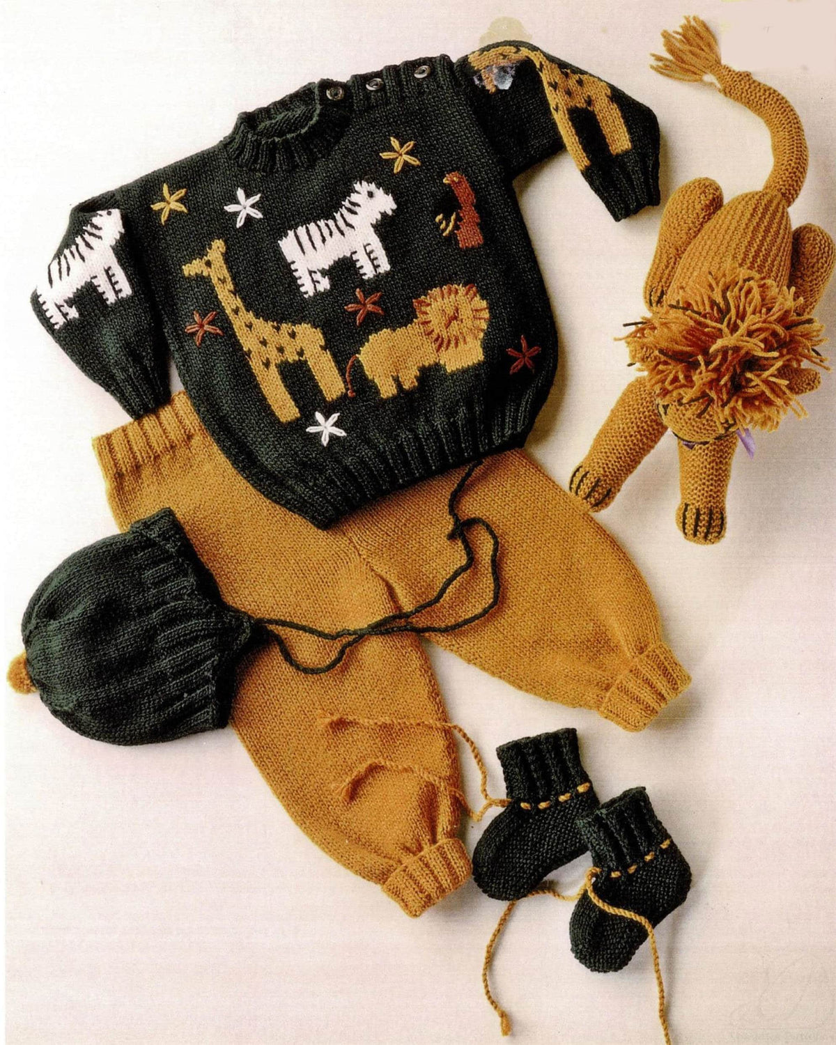 Toddler Jungle Animals Knitting Pattern – Giraffe, Lion, Zebra Sweater, Pants, Hat (PDF Download)