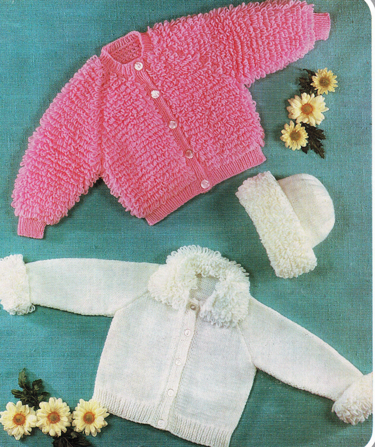 Baby Easy Vintage Loopy Cardigans-Jacket & Hat 2 styles to knit in  4 ply fits  (20 - 22")