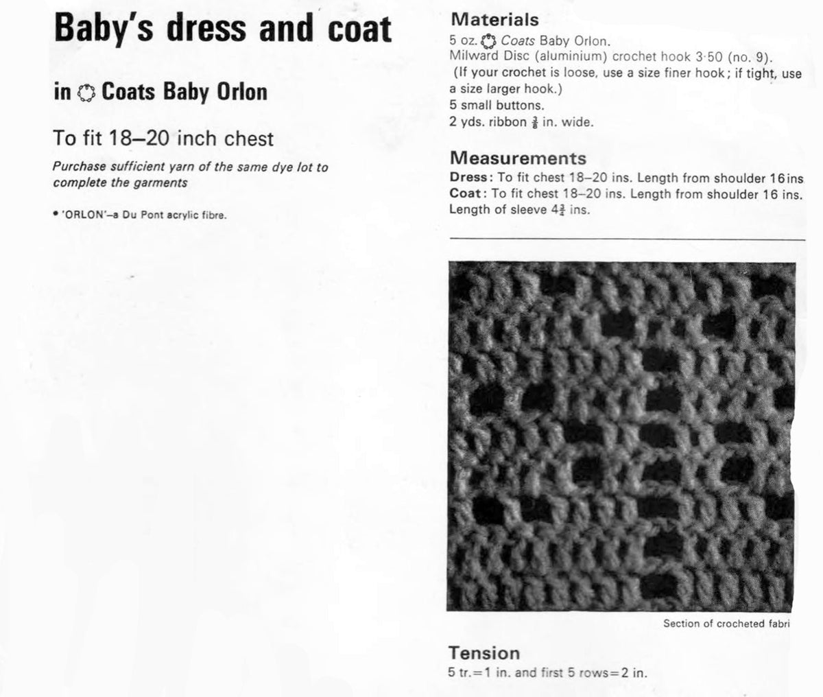 Girl's Baby Toddlers  Vintage Crochet Pattern for baby girl Coat and Dress- fits chest 18-20" Crochet Pattern PDF Instant Download