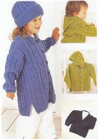 Childs Long Cable Jacket, Hooded jacket, Cardigan & Hat Fits Birth-6 years- DK- 8ply Light Worsted Yarn-  Knitting pattern Download PDF