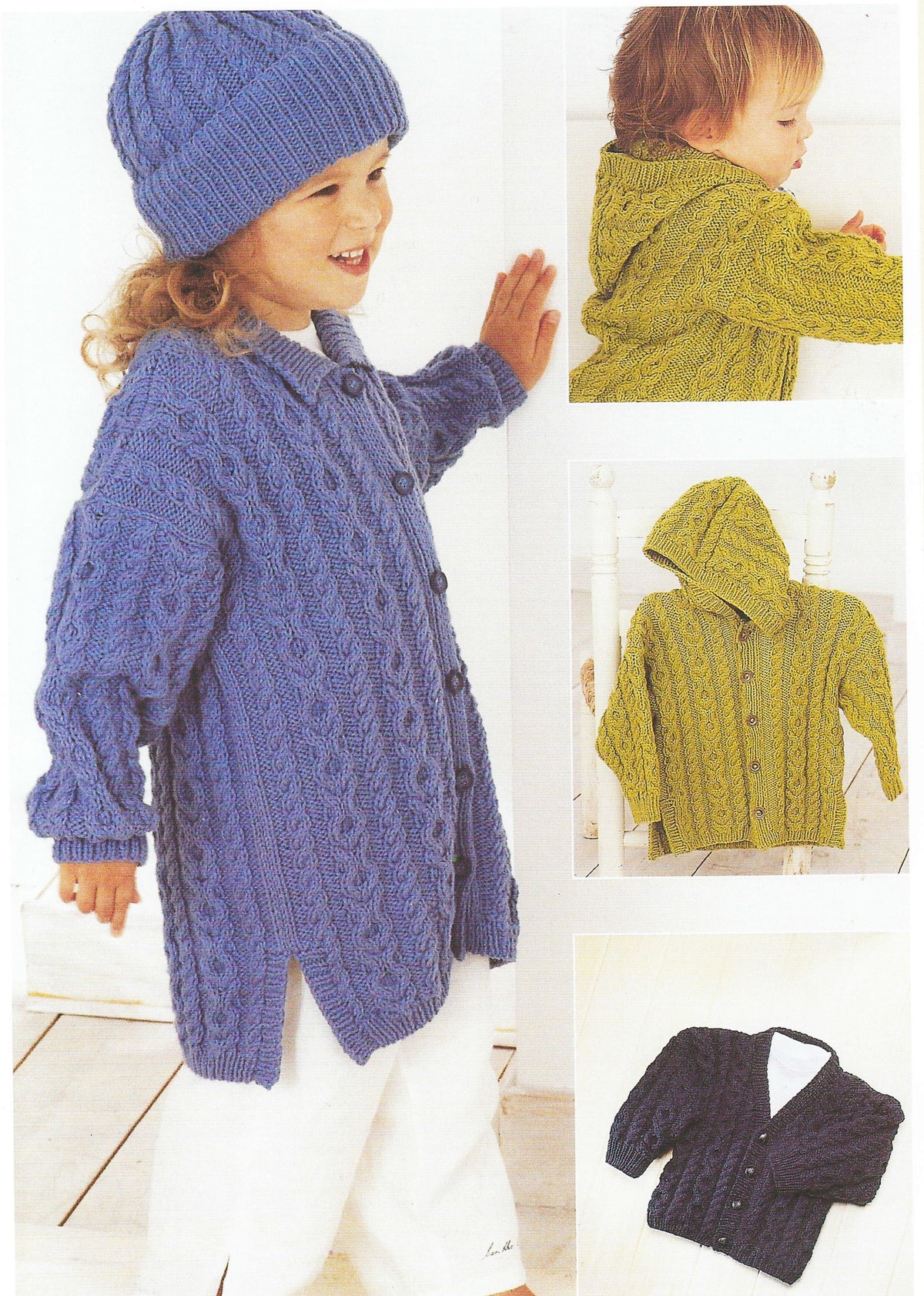 Childs Long Cable Jacket, Hooded jacket, Cardigan & Hat Fits Birth-6 years- DK- 8ply Light Worsted Yarn-  Knitting pattern Download PDF