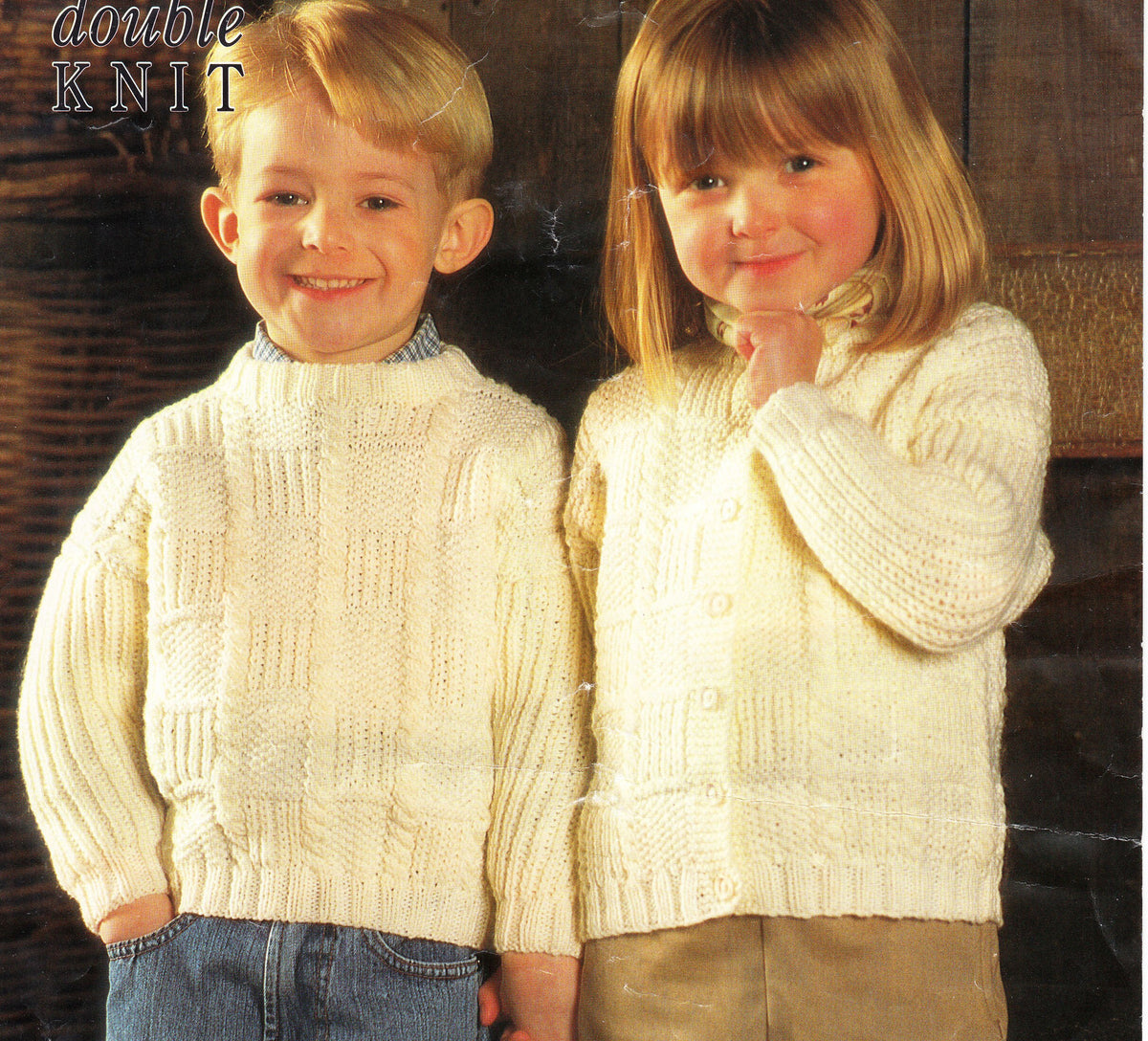 Boy Girl Easy Patterned Round neck Jumper- Cardigan  DK 8 ply Light Worsted wool-  Chest 22" - 32" Quick knit- Knitting Pattern Download PDF