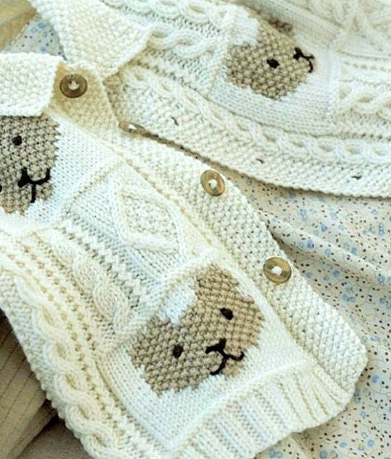 Aran Style Teddy Bear Motif Jacket Cardigan Collar Cable 24"- 28" ~ 4 ply baby yarn Knitting Pattern pdf instant download