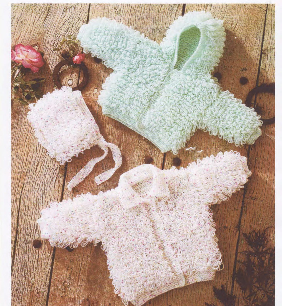 Baby Easy Loopy Cardigan-Hooded Jacket~ Cardigan with collar & Hat 2 styles to knit in DK 8Ply Light Worsted  Download PDF Knitting pattern