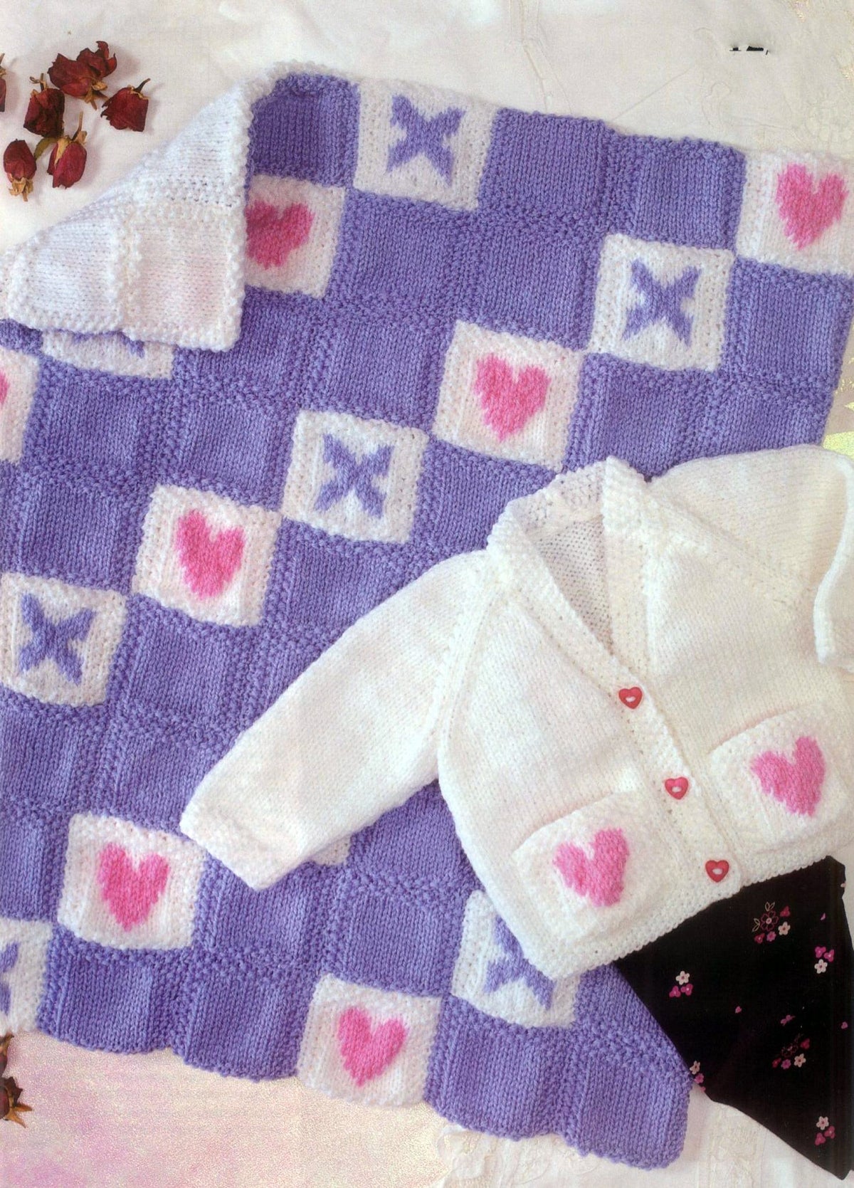 Baby Lovely Heart Blanket & Cardigan in DK-8ply  ~  Light worsted wool - 14" ~ 22" chest knitting Pattern Download pdf