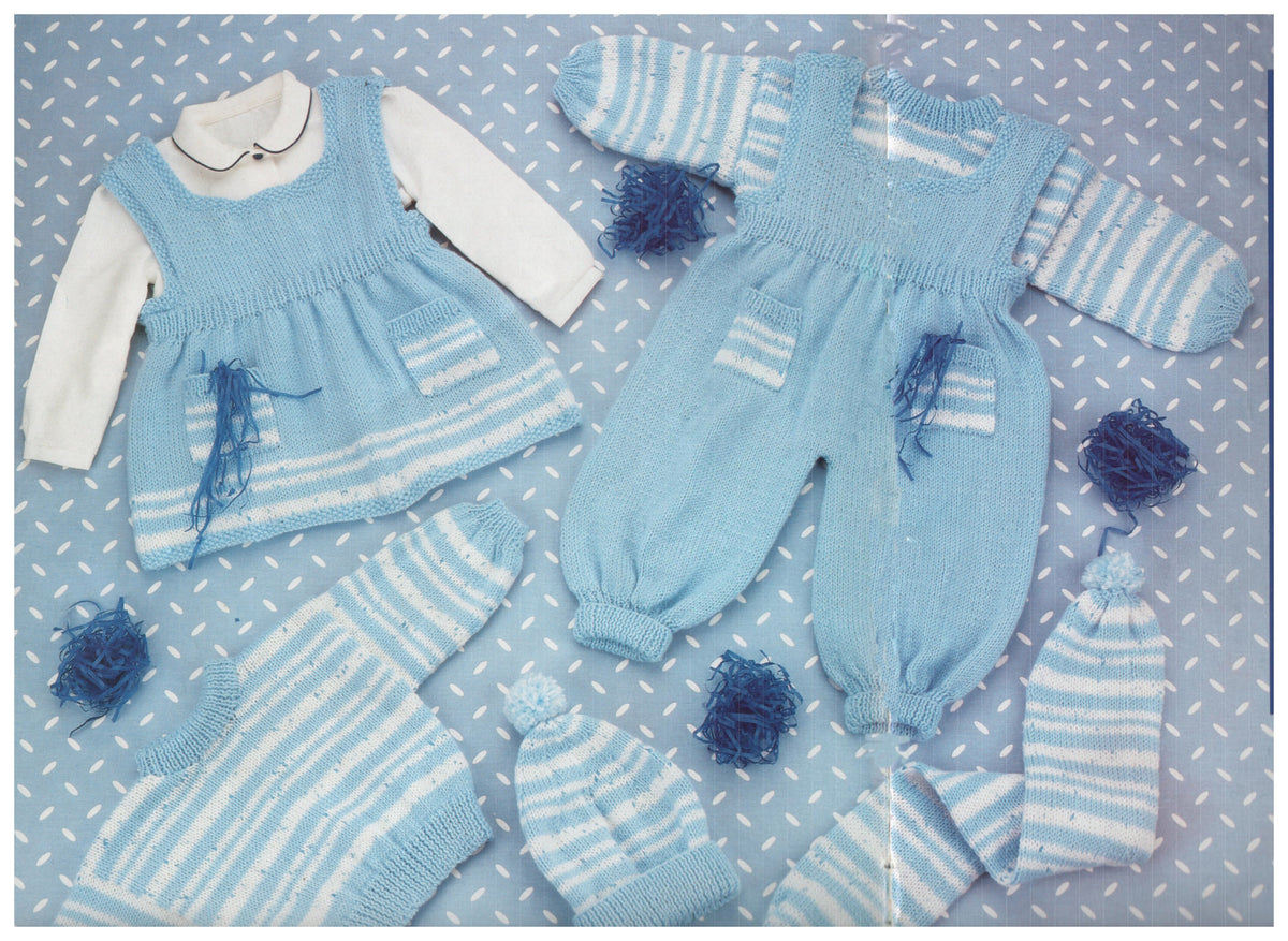 Baby Sweater Pinafore Dungarees Hat & Scarf Stripe 16" - 22" DK 8 Ply Light Worsted Knitting Pattern PDF download