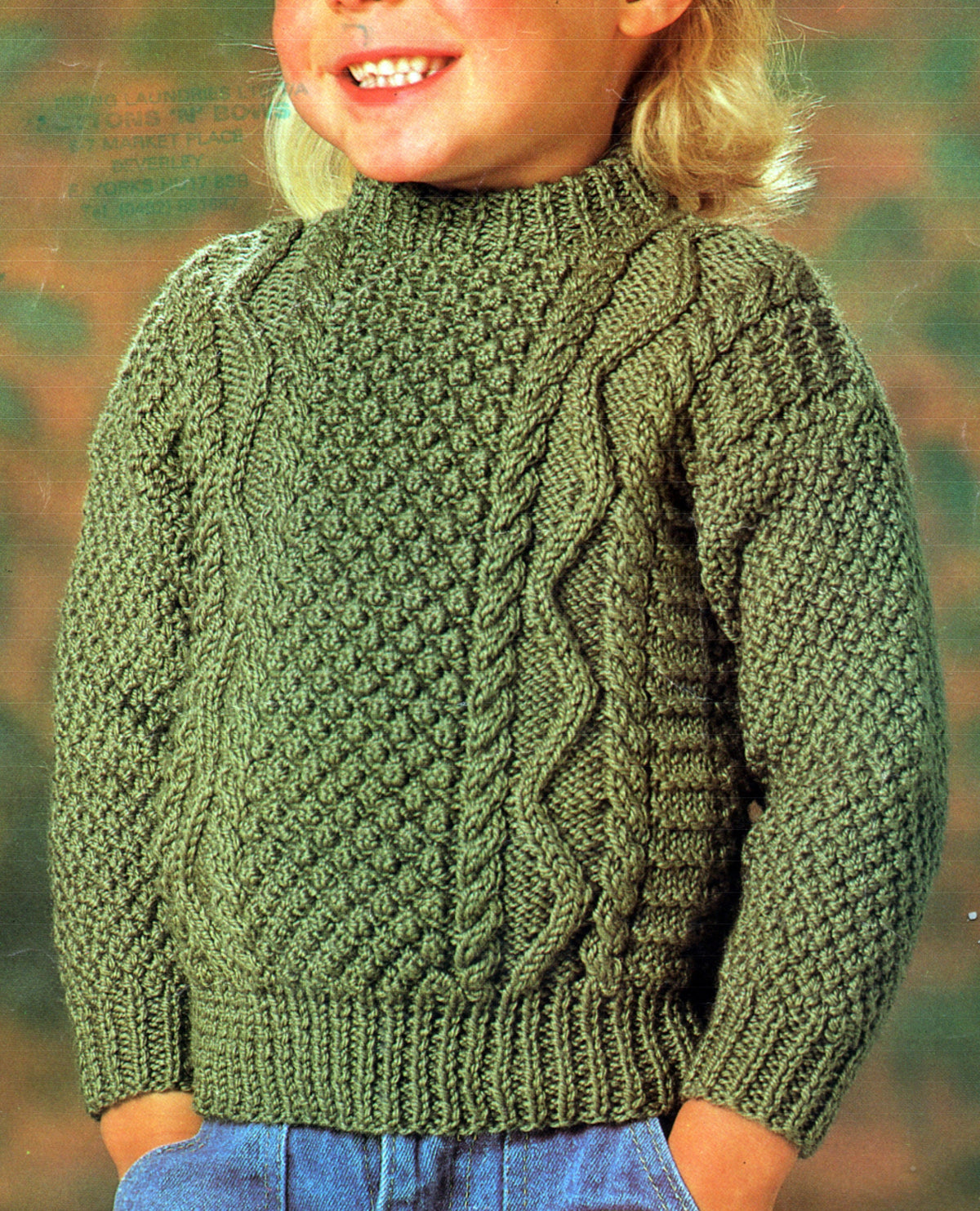 Childrens Aran Sweater Cable Jumper Crew Neck 22-30" Aran worsted 10ply -  knitting pattern pdf  download