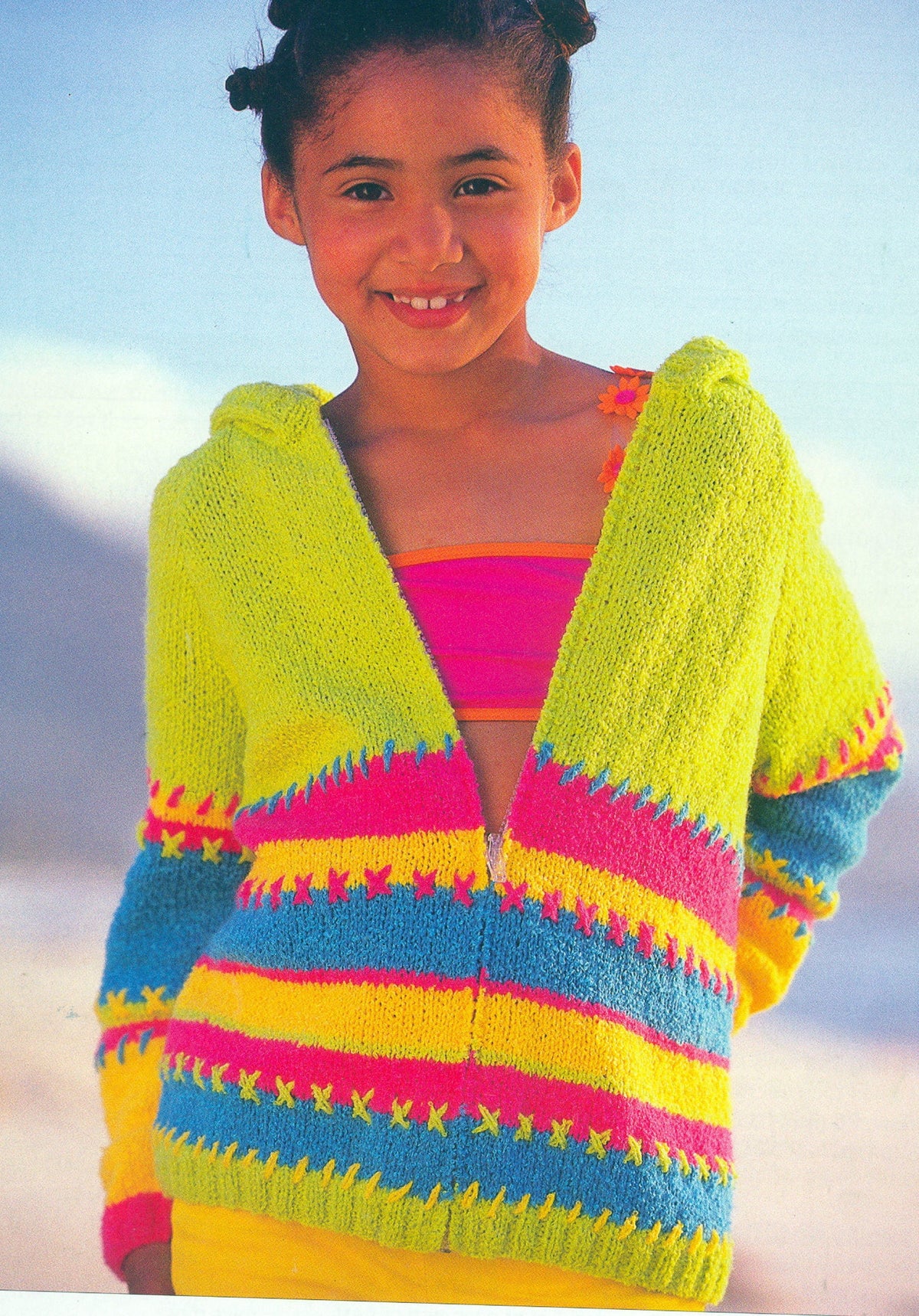 Girl's Bright Hooded  Zipped Jacket Cardigan- DK 8Ply Light worsted wool size 22" - 32" ( 1 - 12 years) Knitting Pattern Download PDF