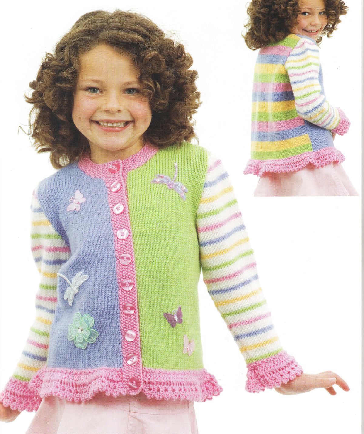 Girl's Lace Trim stripe Cardigan optional butterflies in  DK 8Ply Light worsted wool size 4 - 10 years Knitting Pattern Download PDF