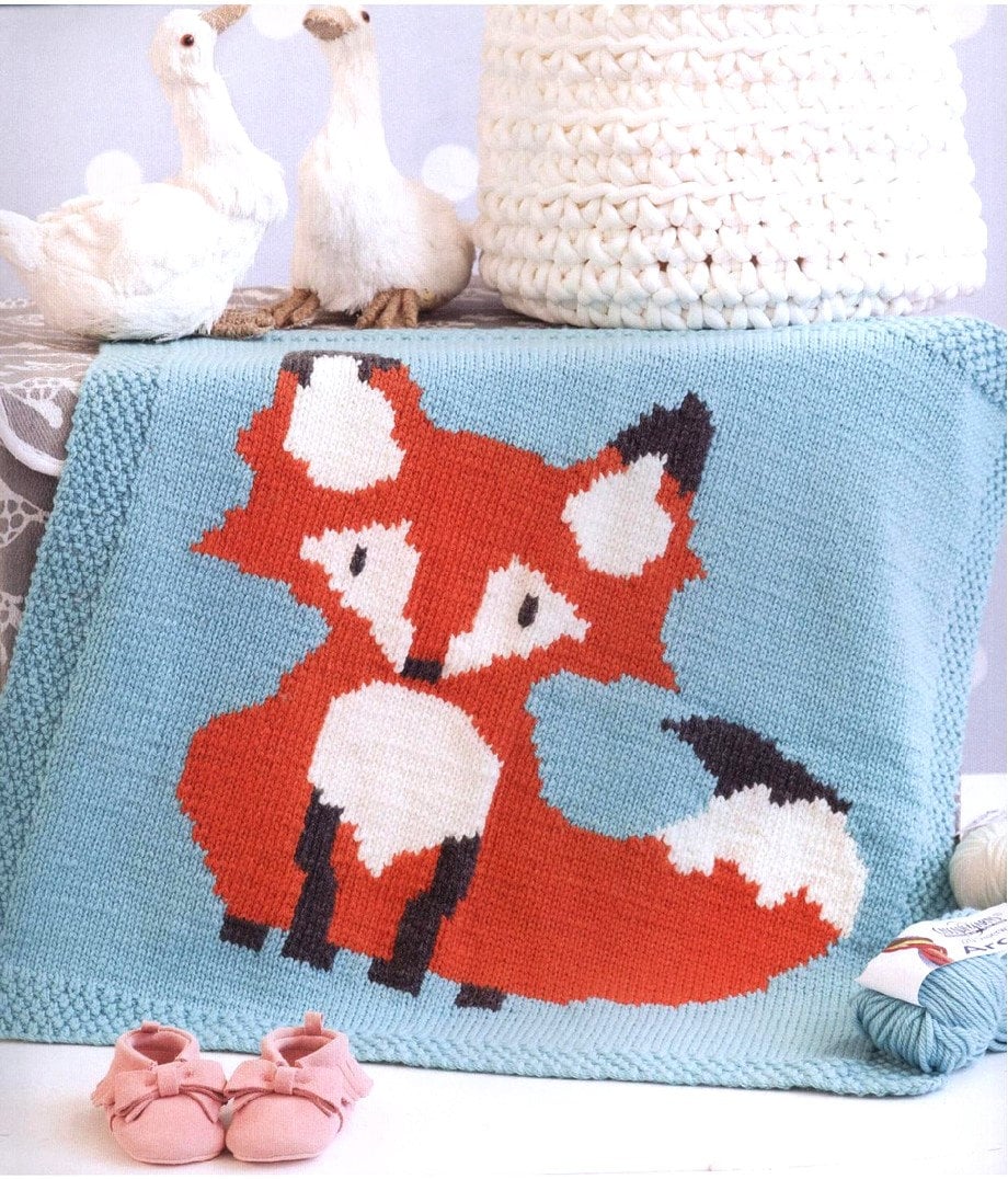Mr Foxy Baby Afghan- Blanket cot cover  in Aran 10 Ply yarn- Knitting pattern Download PDF 25" x 25"