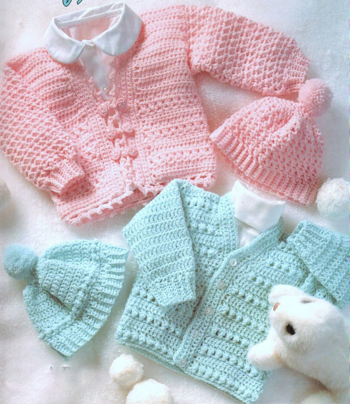 Baby Crochet V Neck- Round Neck Cardigans Picot hem matching Pom pom hats Sport weight yarn- 22-24"-Crochet Pattern- Download PDF