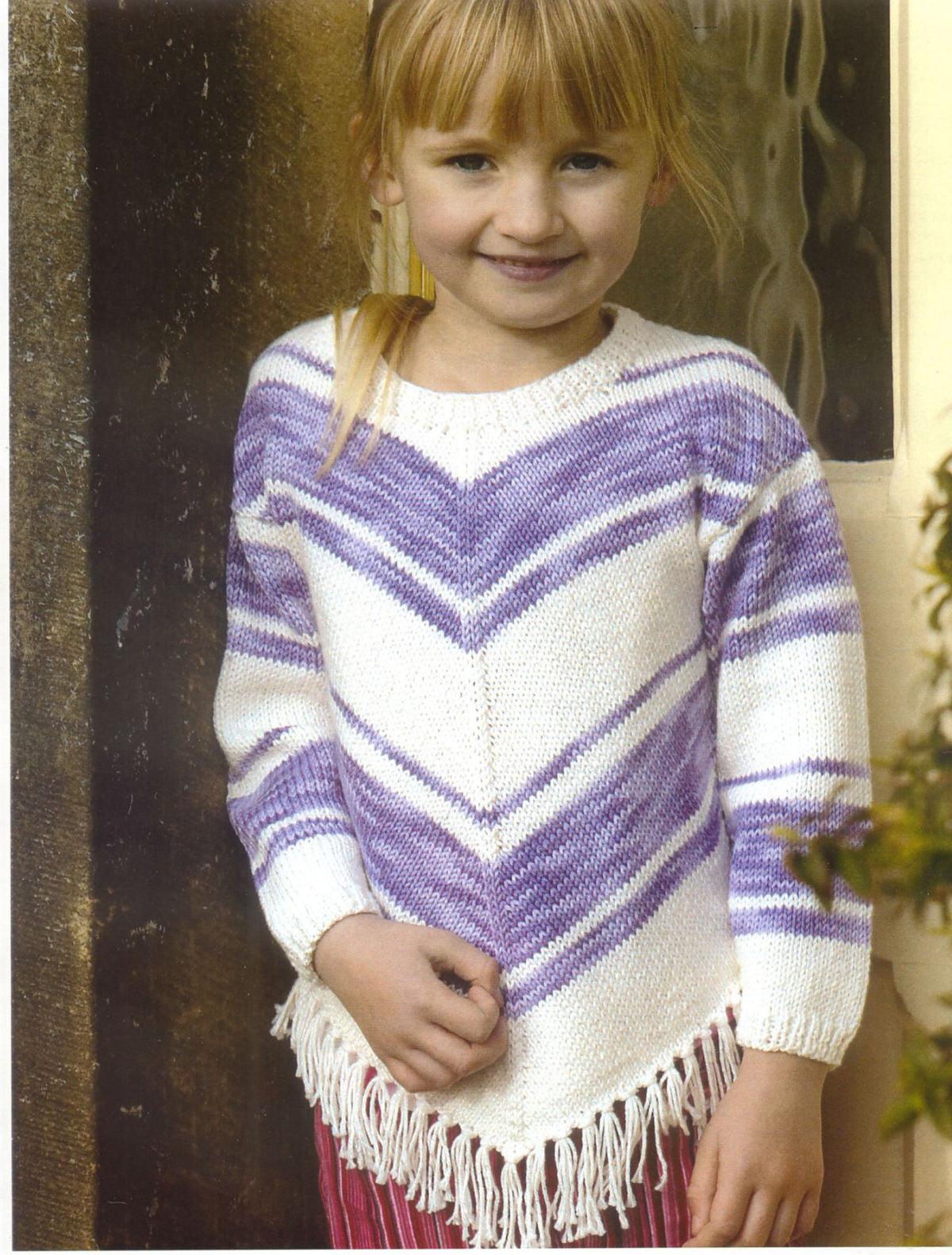 Girls Adult  Chevron Sweater with fringes - Round neck drop sleeves Knitting Pattern  DK 8Ply Light Worsted Instant Download-22-44" chest