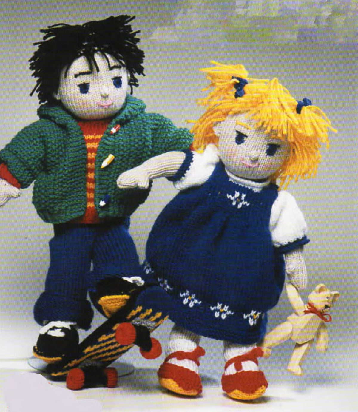 Rag dolls With Clothes & Skateboard to knit 15" Tall  DK 8 ply Light Worsted wool Knitting Pattern PDF Download Boy girls Dolls