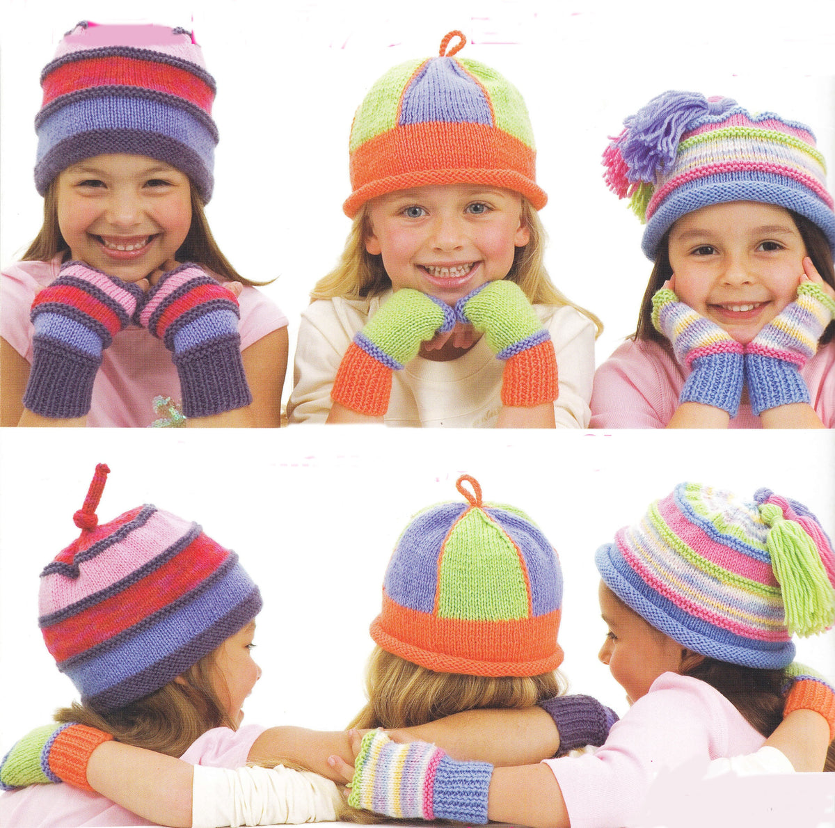 Girl's Beanie Hats & Fingerless gloves 3 Beanie hat and glove styles to knit in DK 8ply Light worsted wool knitting pattern download PDF