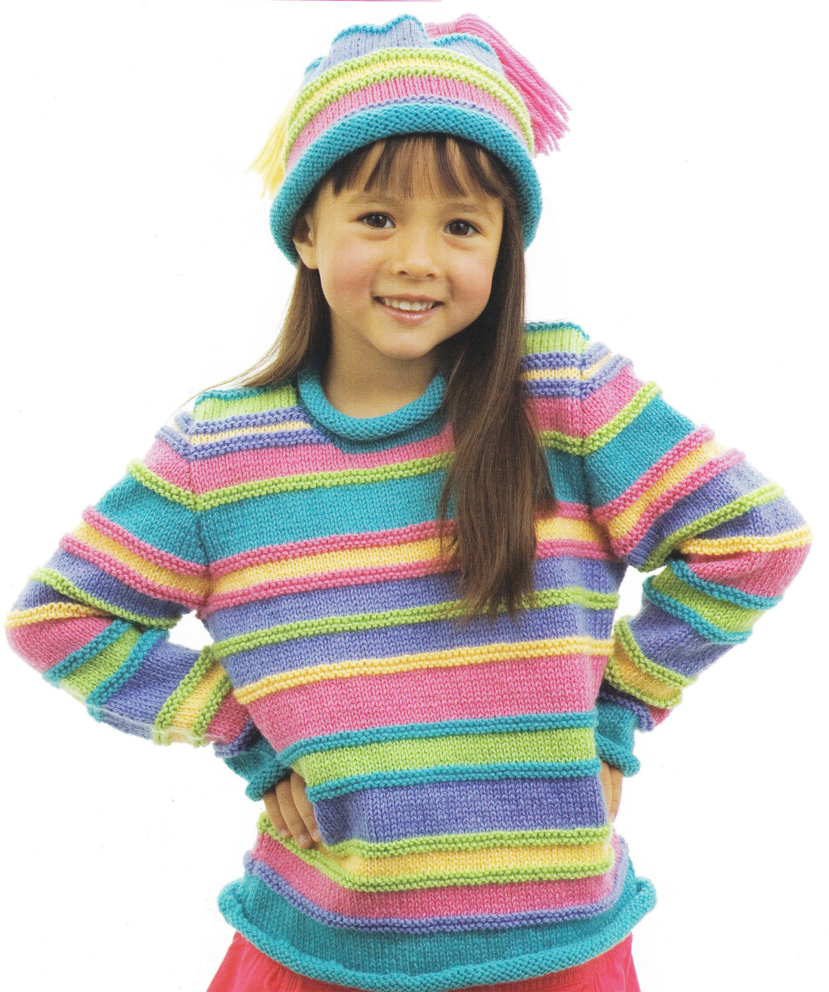 Girl's Bright easy Knit  Roll Neck Stripe sweater & Beanie Hat- DK 8Ply Light worsted wool size 4 - 10 years Knitting Pattern Download PDF
