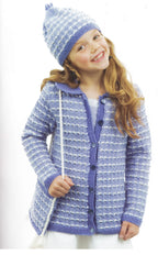 Girl' Textured Jacket- Coat collar Hat & Bag in  DK 8Ply Light worsted wool size 4 - 10 years Knitting Pattern Download PDF