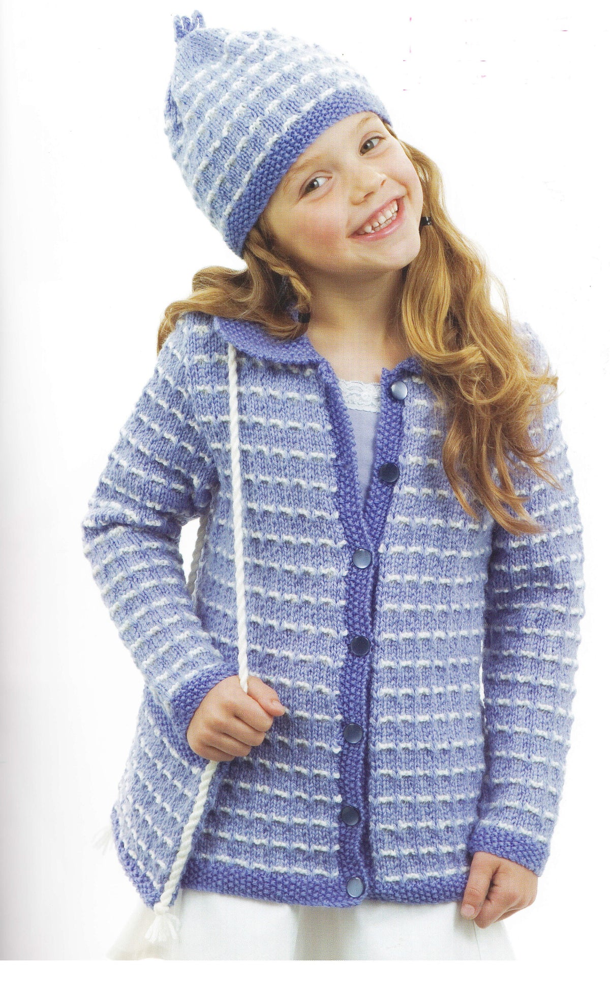 Girl' Textured Jacket- Coat collar Hat & Bag in  DK 8Ply Light worsted wool size 4 - 10 years Knitting Pattern Download PDF