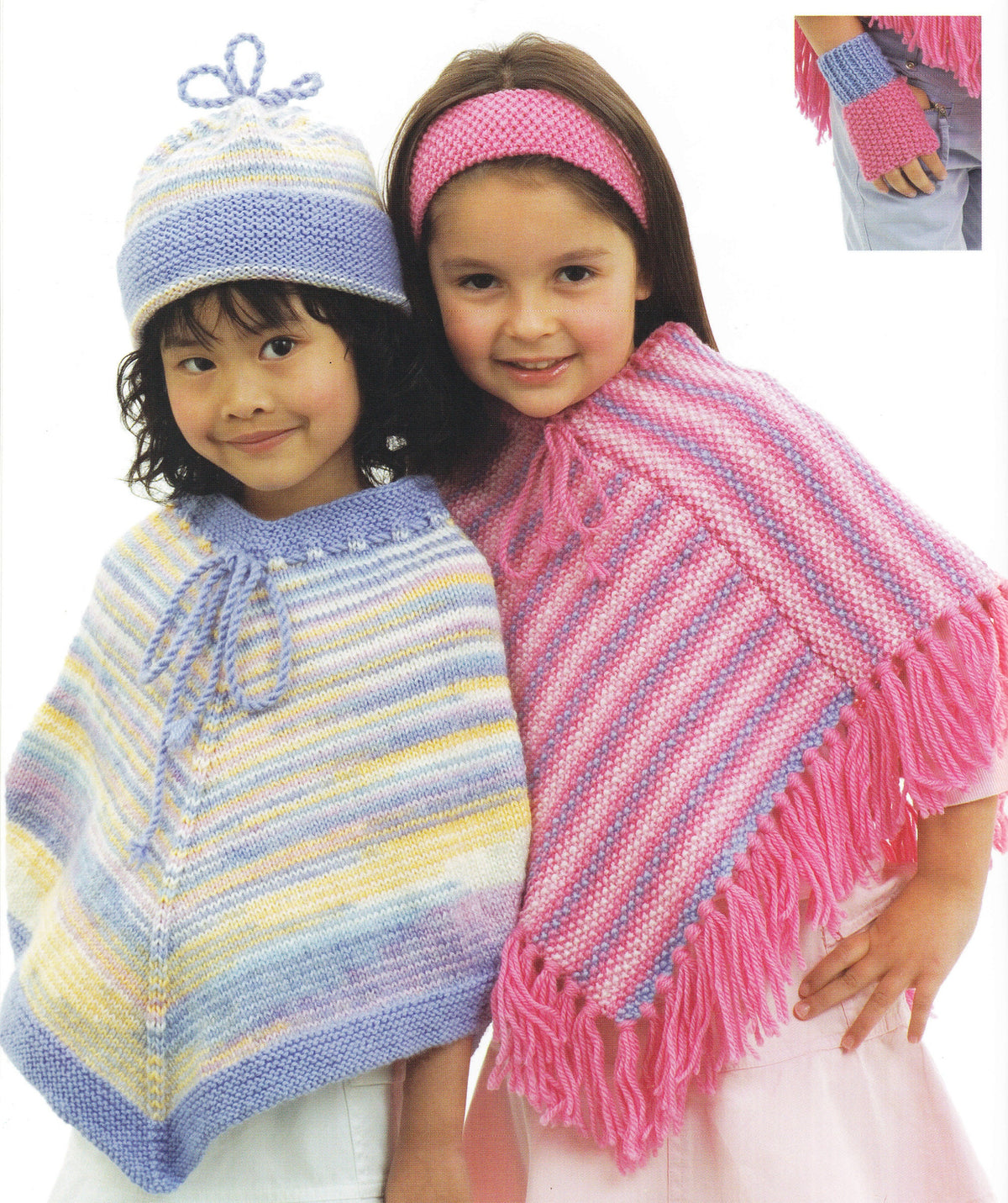 Girl's Poncho's Beanie Hat, headband & Fingerless gloves Fringed, DK 8Ply Light worsted wool size 4 - 10 years Knitting Pattern Download PDF