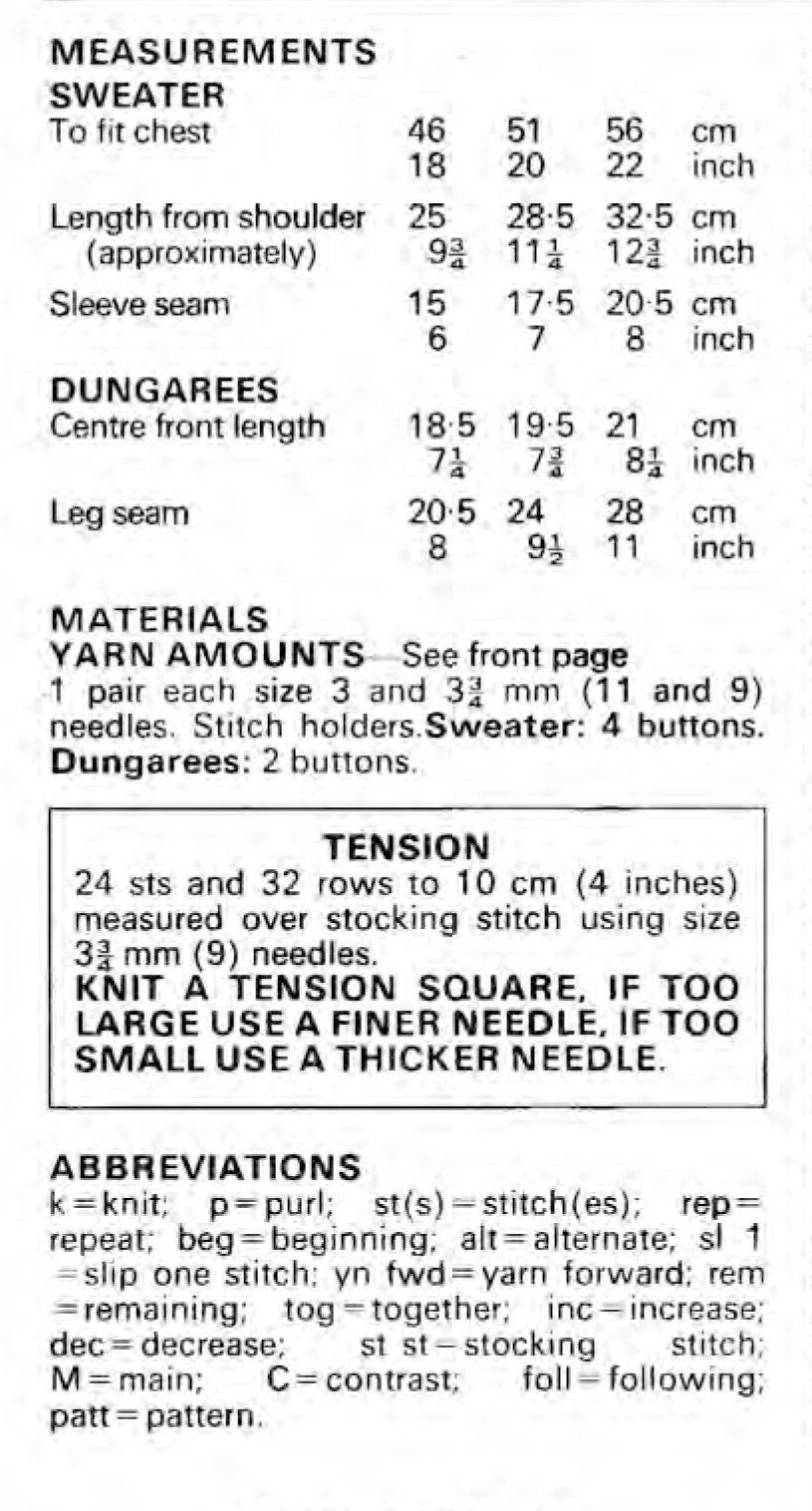 Baby Toddler Dungarees with pocket & stripe jumper shoulder fastening, DK 8 Ply Light worsted wool Knitting Pattern