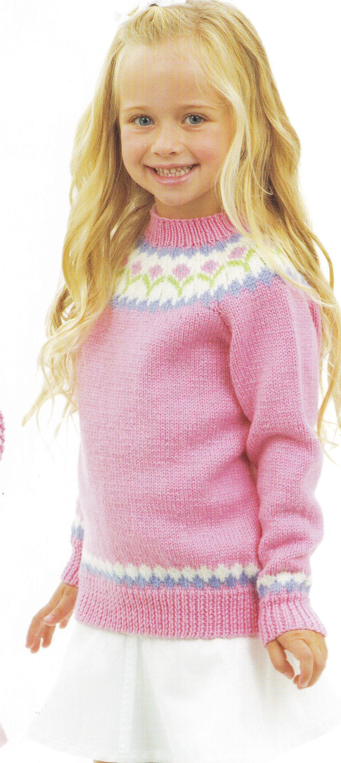 Girl's Fair Isle  Yoked Sweater Jumper flowers in  DK 8Ply Light worsted wool size 4 - 10 years Knitting Pattern
