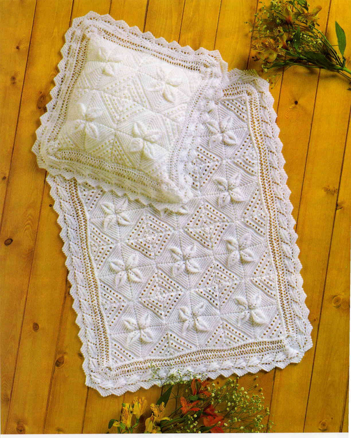 Baby Flower Diamond Pram Blanket-Afghan  & Pillow in DK- 8Ply -Light worsted wool 24x 30" PDF Knitting Pattern Instant Download