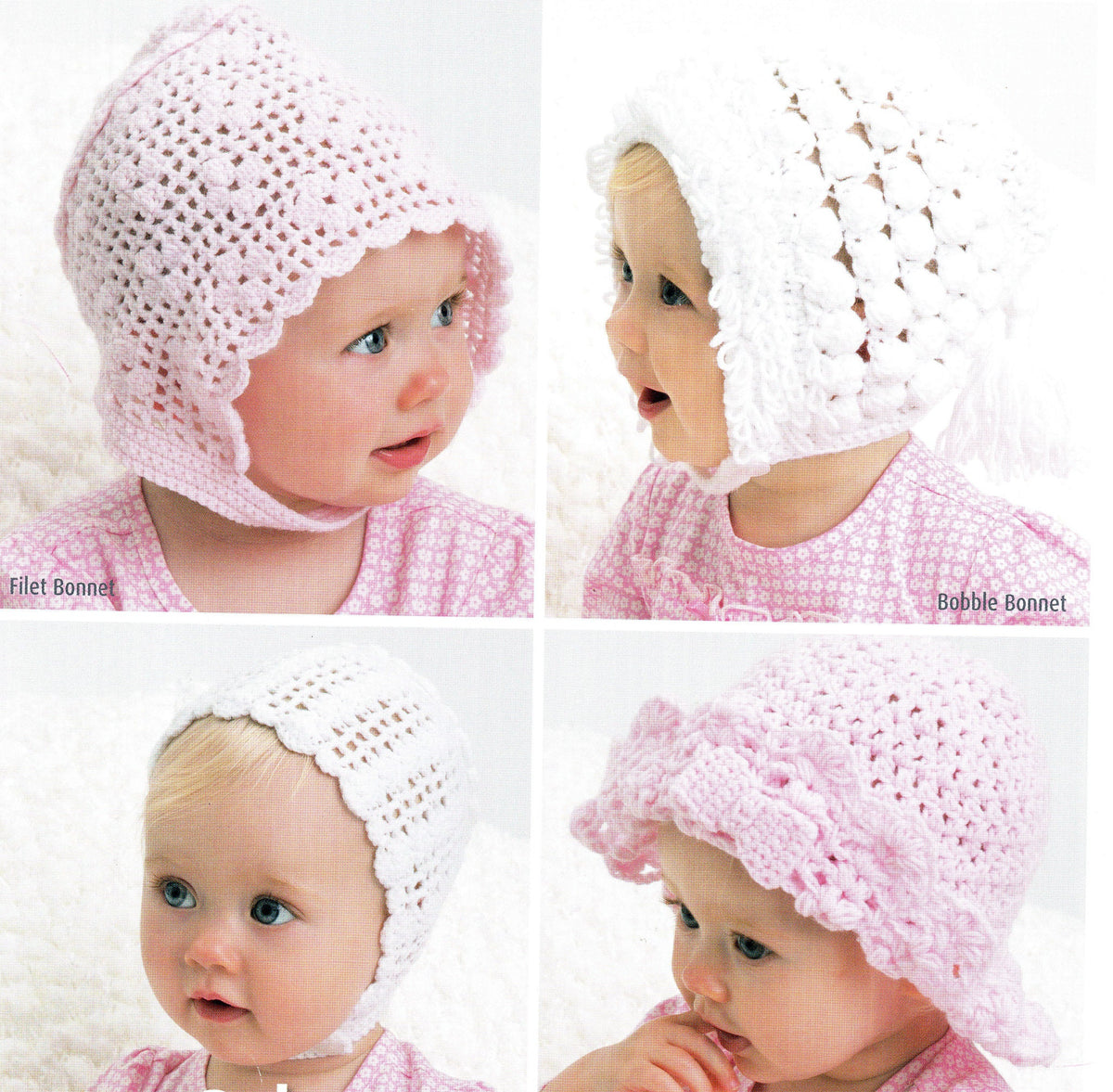Crochet Baby Girl ~ Hats- Bonnets ~4 styles to choose Birth up to 2 years  ~- 4ply  Fingering wool Crochet pattern Download PDF