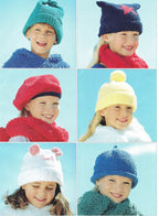 Winter Hats, 6 styles boys girls roll hat, mouse hat pom pom, beret star,hat with ties, Knitting pattern DK 8 Ply Light worsted download PDF