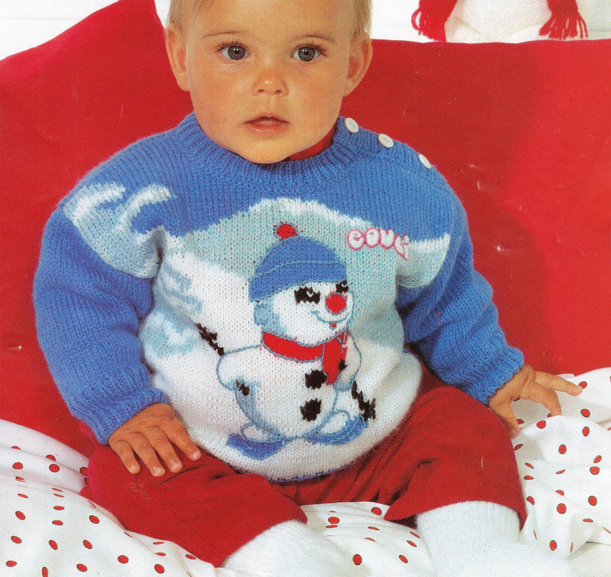 Christmas Snowman Baby Jumper round neck drop sleeves side neck fastening embroidered chart DK 8 PLY LIght worsted knitting pattern download