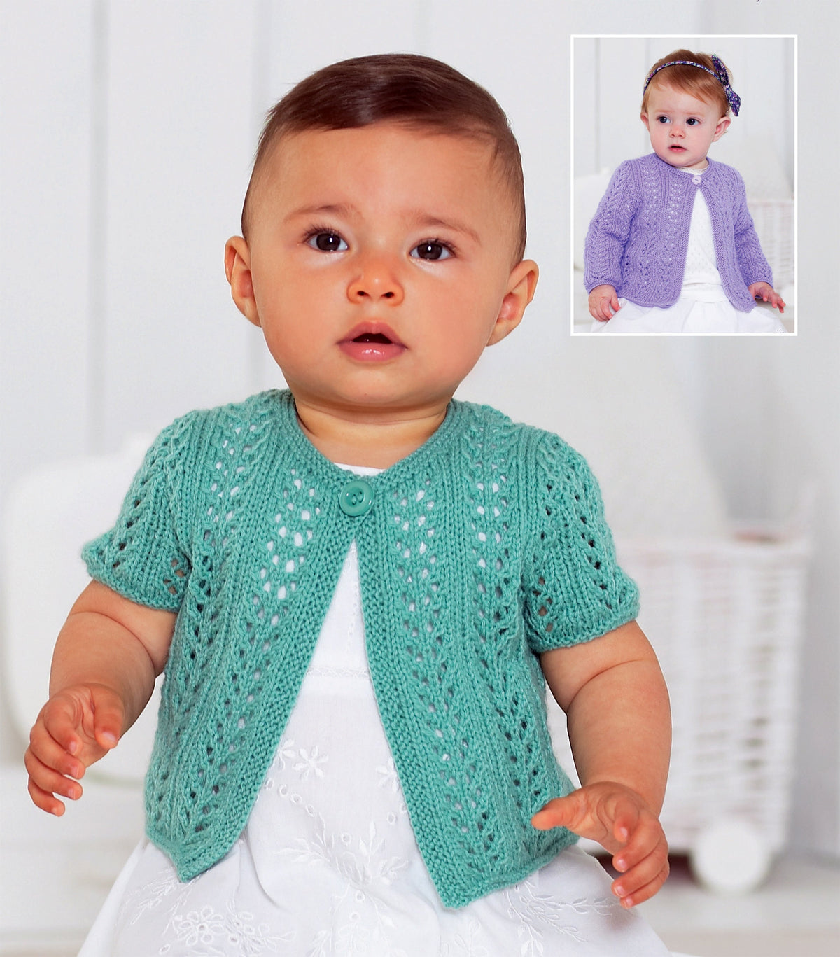 Baby Girl's Eyelet lacy  garter stitch edge cardigans Long short sleeves- fits 16 - 26" chest (0-7 years)