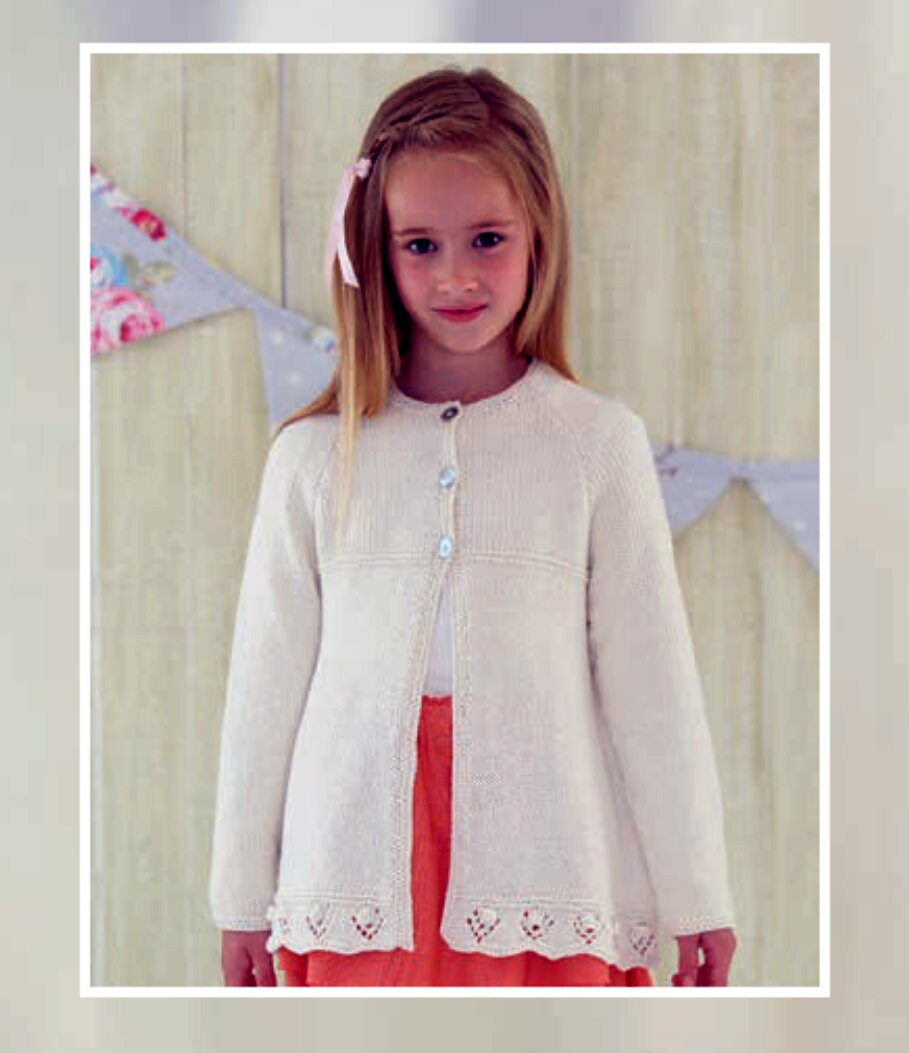 Girl's Cardigan frilled Eyelet  hem Plain neck or Collar Raglan sleeves 16" - 26" ( 0-7yrs) DK 8Ply Light worsted Knitting pattern PDF