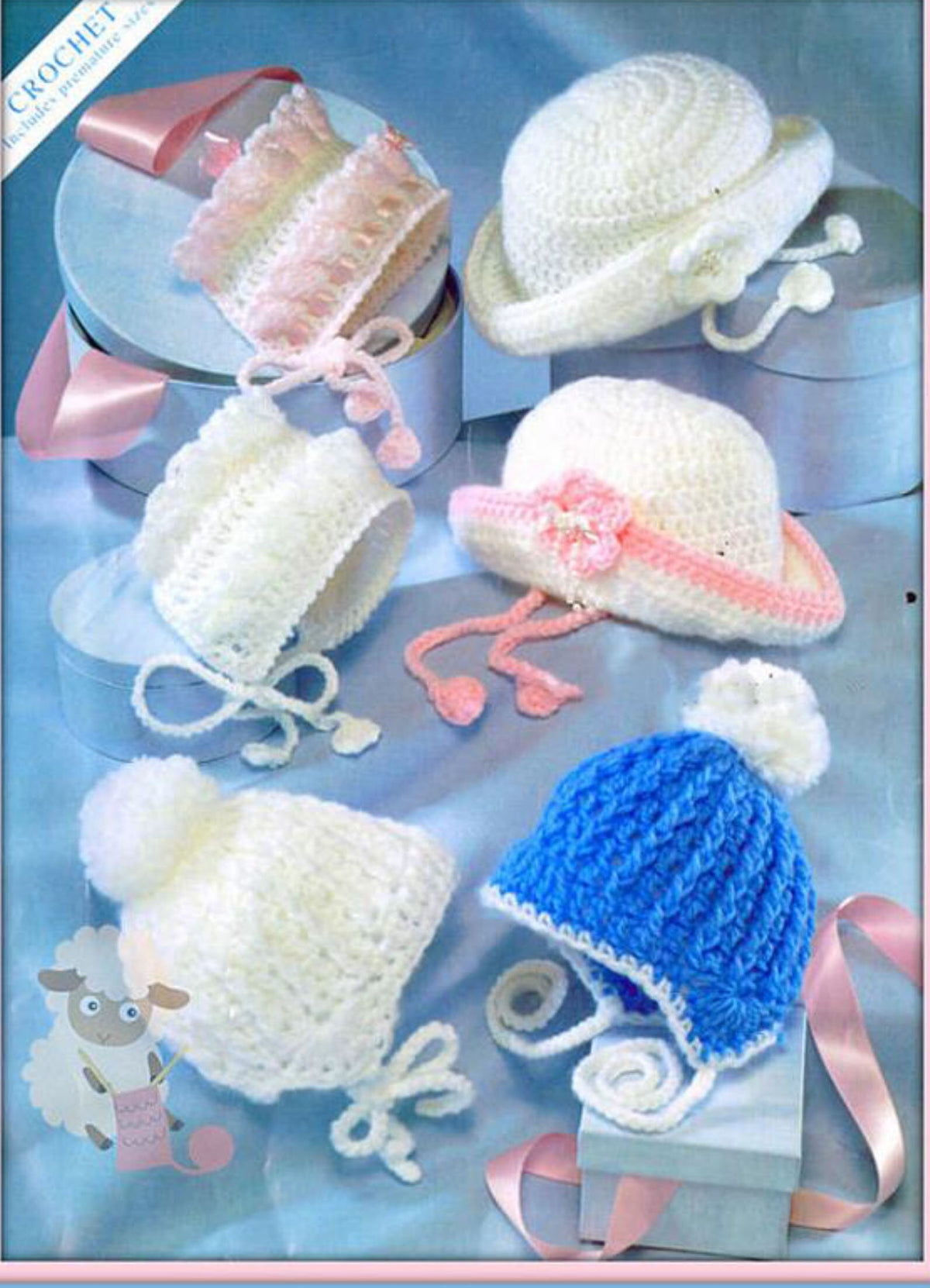 Baby Crochet Hat, 6 hats to crochet in Aran 10 ply or DK 8 ply- Premature sizes up to 12 Months, crochet pattern download PDF