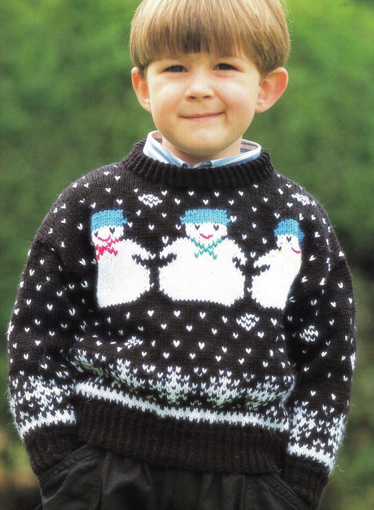 Christmas Snowman Children's Jumper round neck drop sleeves Has chart DK 8 PLY Light worsted knitting pattern download 24" - 30" chest
