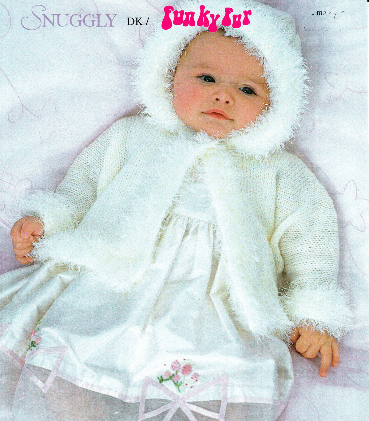 Baby Easy hooded Christening  Matinee Jacket~ Bootees to knit in DK 8Ply Light Worsted+ funky fur 16" - 20" Download PDF Knitting pattern