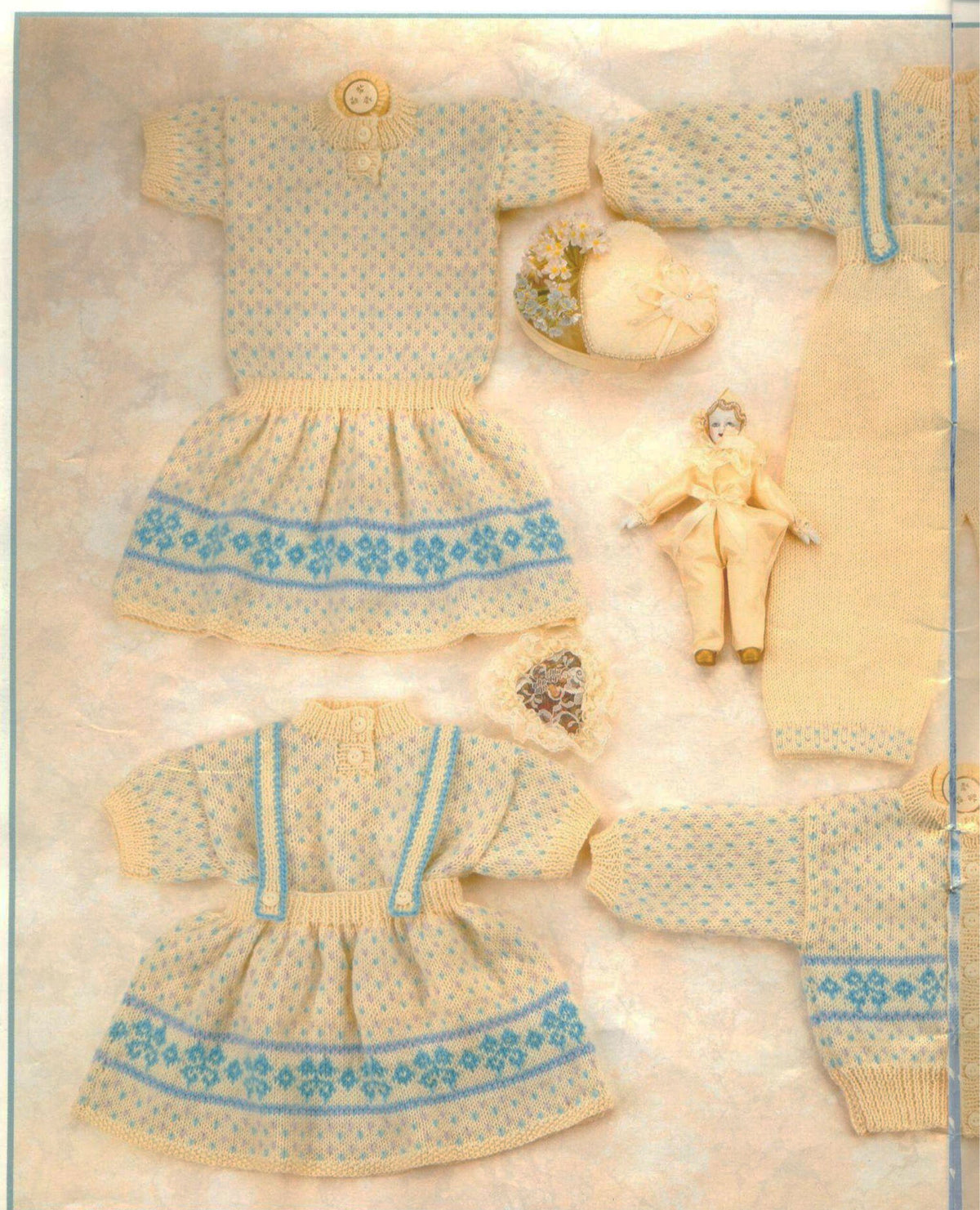 Baby Sweaters Dress Skirt Cardigan Long- short sleeves Trousers Fair Isle 18" - 24" DK 8 Ply Light Worsted Knitting Pattern PDF download