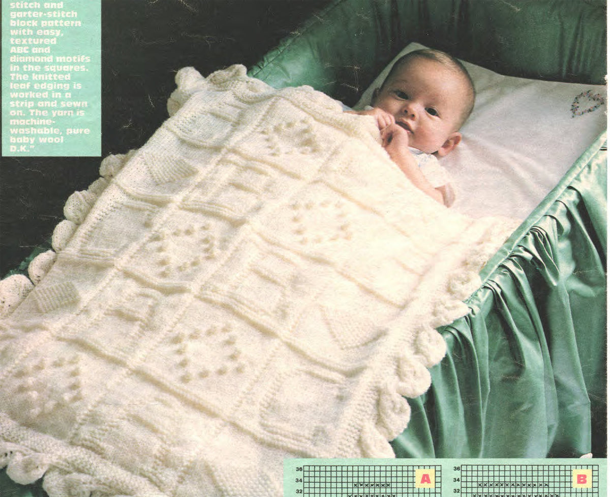 Baby Textured A B C motif Blanket scalloped edges in DK- 8Ply -Light worsted wool PDF Knitting Pattern