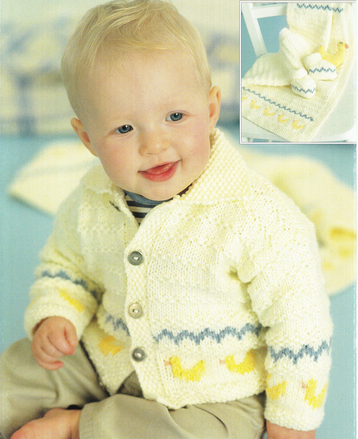 Easy Boy Girl Baby Duckling cardigan collar Bootees Blanket & Toy duck DK-8ply Light worsted, chest 16" - 26". Knitting Pattern Download PDF