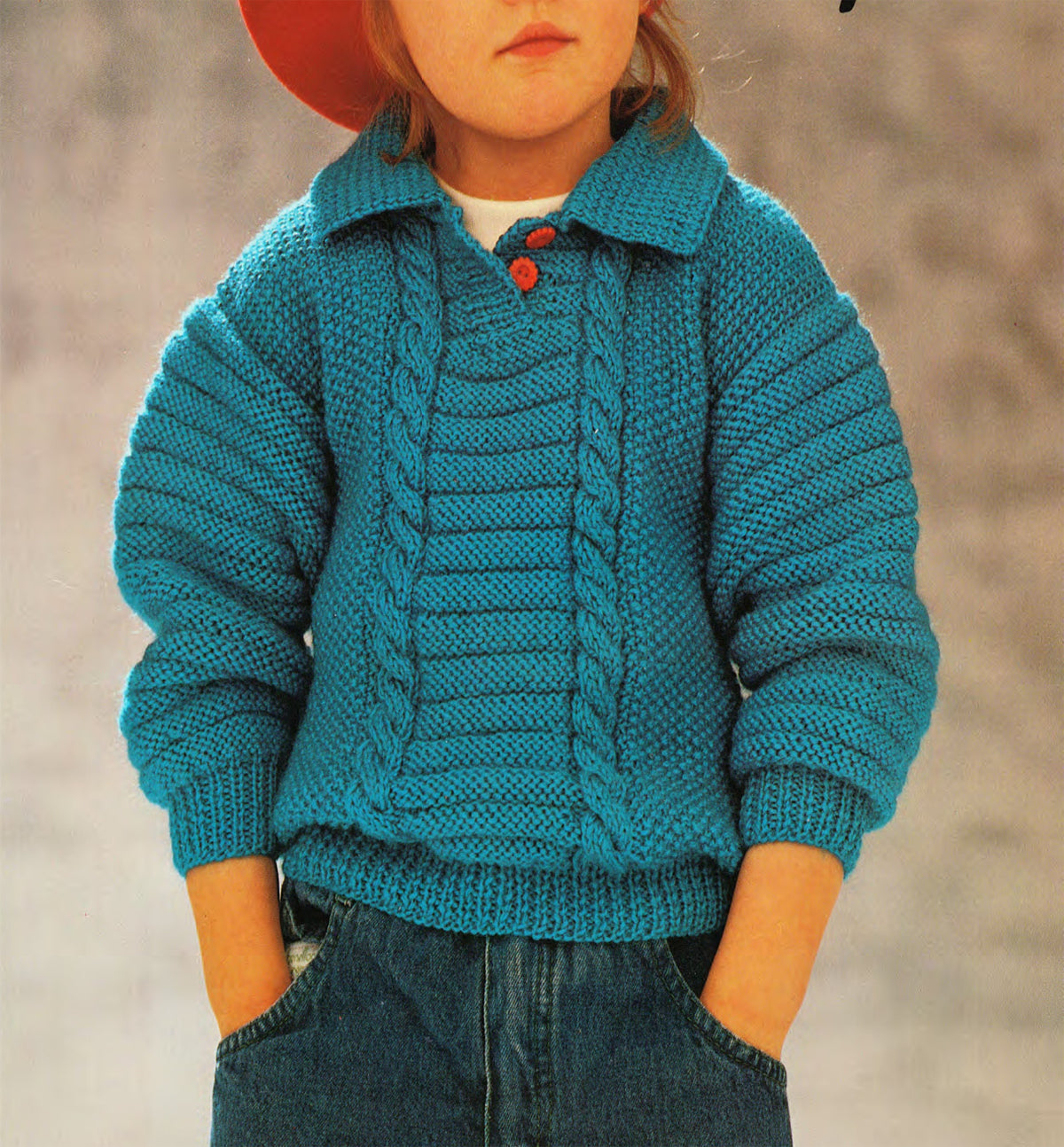 Child's sweater ~Jumper- with collar - Moss Stitch & Cable-Chest 24 - 30 Ins