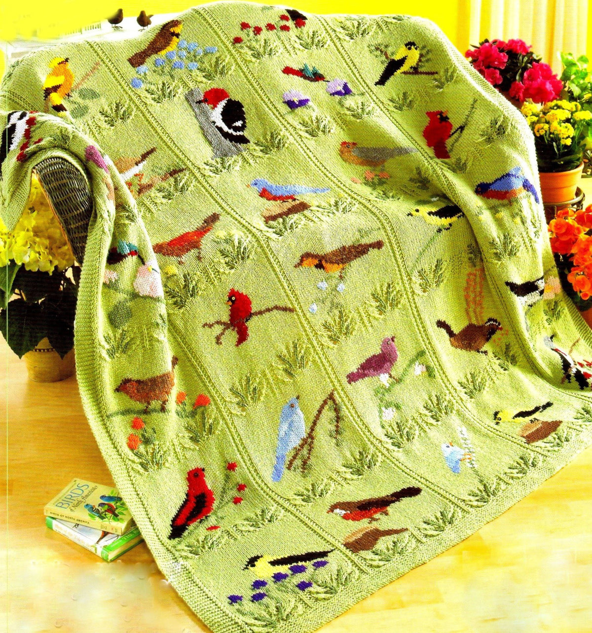 Beautiful Bird Throw Blanket Afghan 54" x 62" ~30 birds in Duplicate Stitch Leaf Design ~ Knitting Pattern PDF Instant download