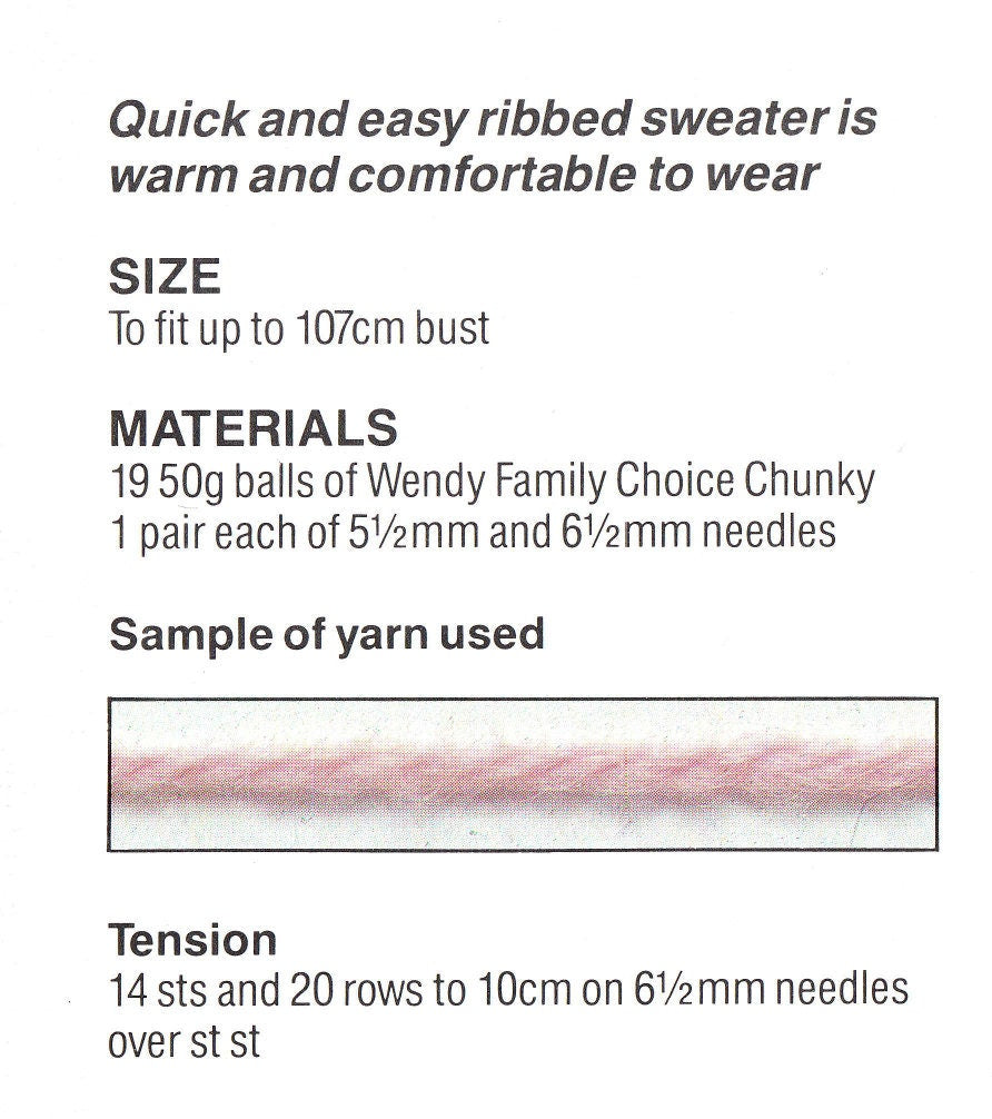 Woman's Chunky-Bulky Easy Knit Long sleeved Ribbed Jumper Sweater in Chunky Bulky Yarn- fits up to 107cm chest Knitting pattern Download PDF