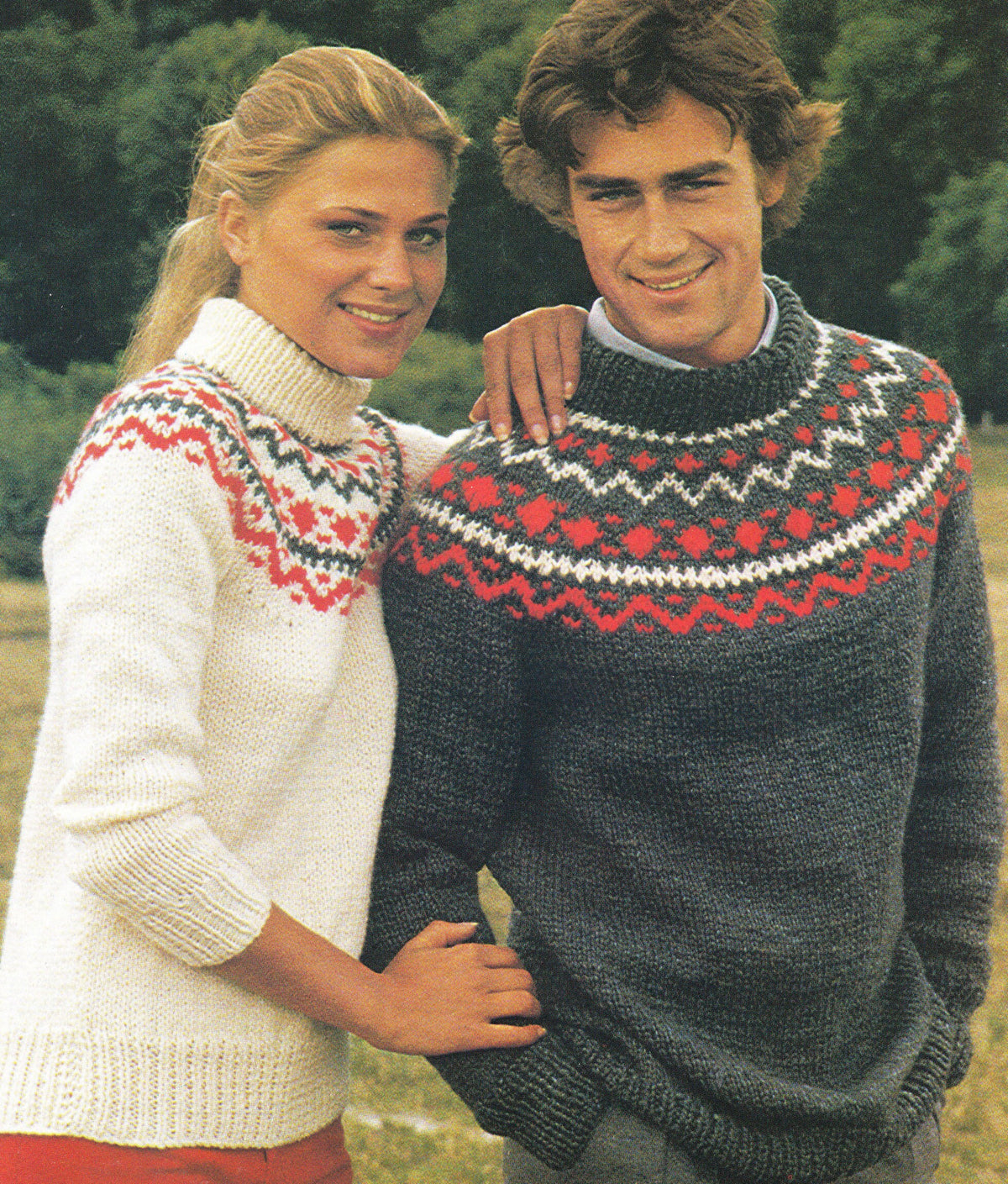 Fair Isle Yoked Chunky sweaters Mans woman's round neck polo necked jumpers Knitting Pattern chest 32"- 42" Lopi Icelandic