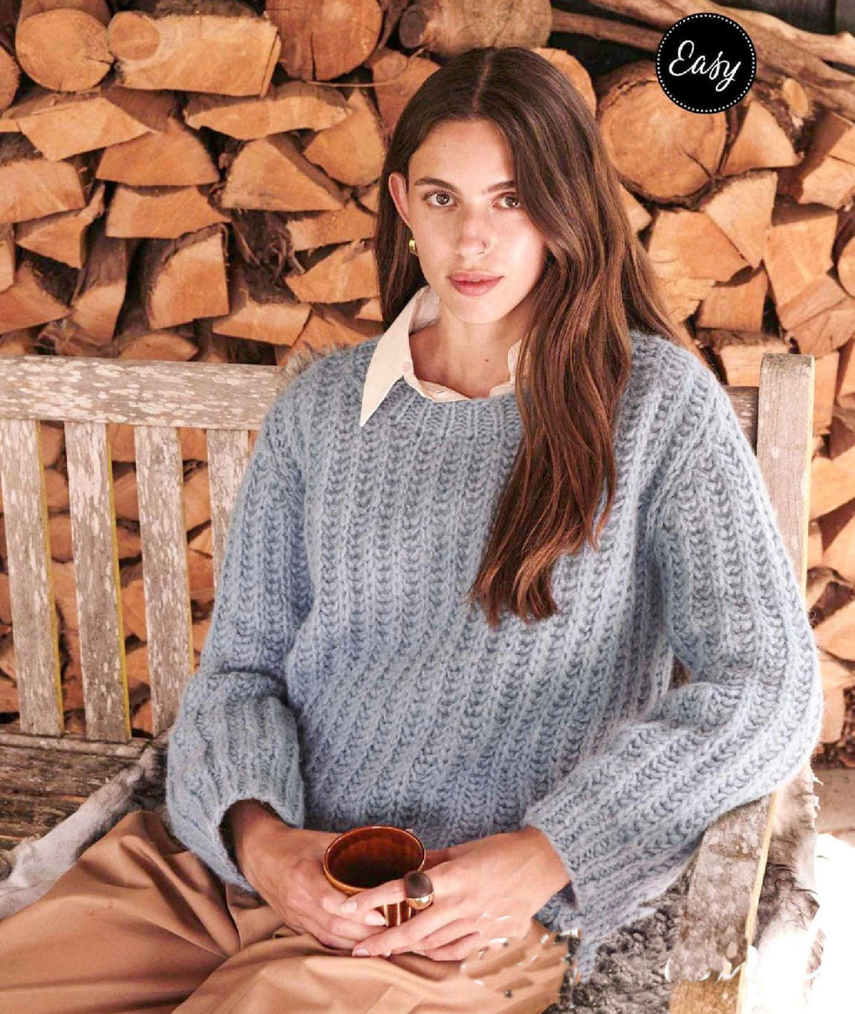 Womans Easy Ribbed Sweater In Fluffy  Aran 10 Ply Yarn Beginners  36-46 chest round neck Pullover