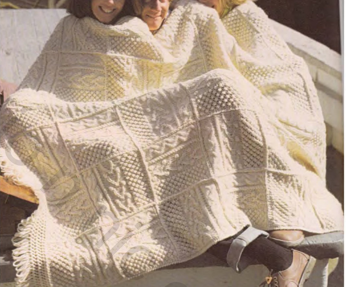 Aran patchwork blanket Throw Afghan- knitted in squares - joined Worsted weight Aran-10 Ply wool 52 x 68" Knitting pattern