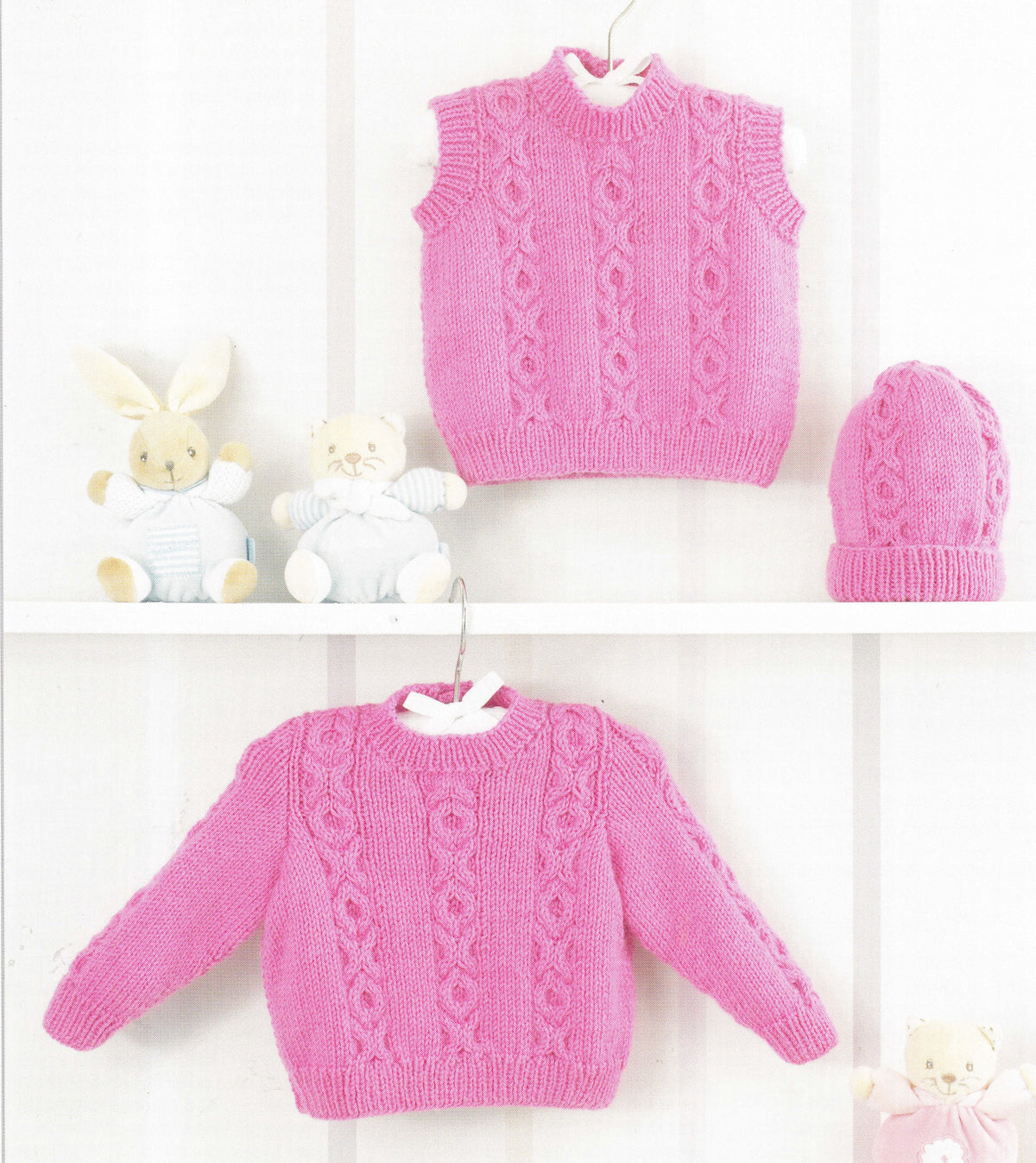 Babies Cable panel Round Neck Sweater- Slipover & and Hat  in DK 8ply Light worsted wool- fits 12-20"  PDF download Knitting Pattern Premie