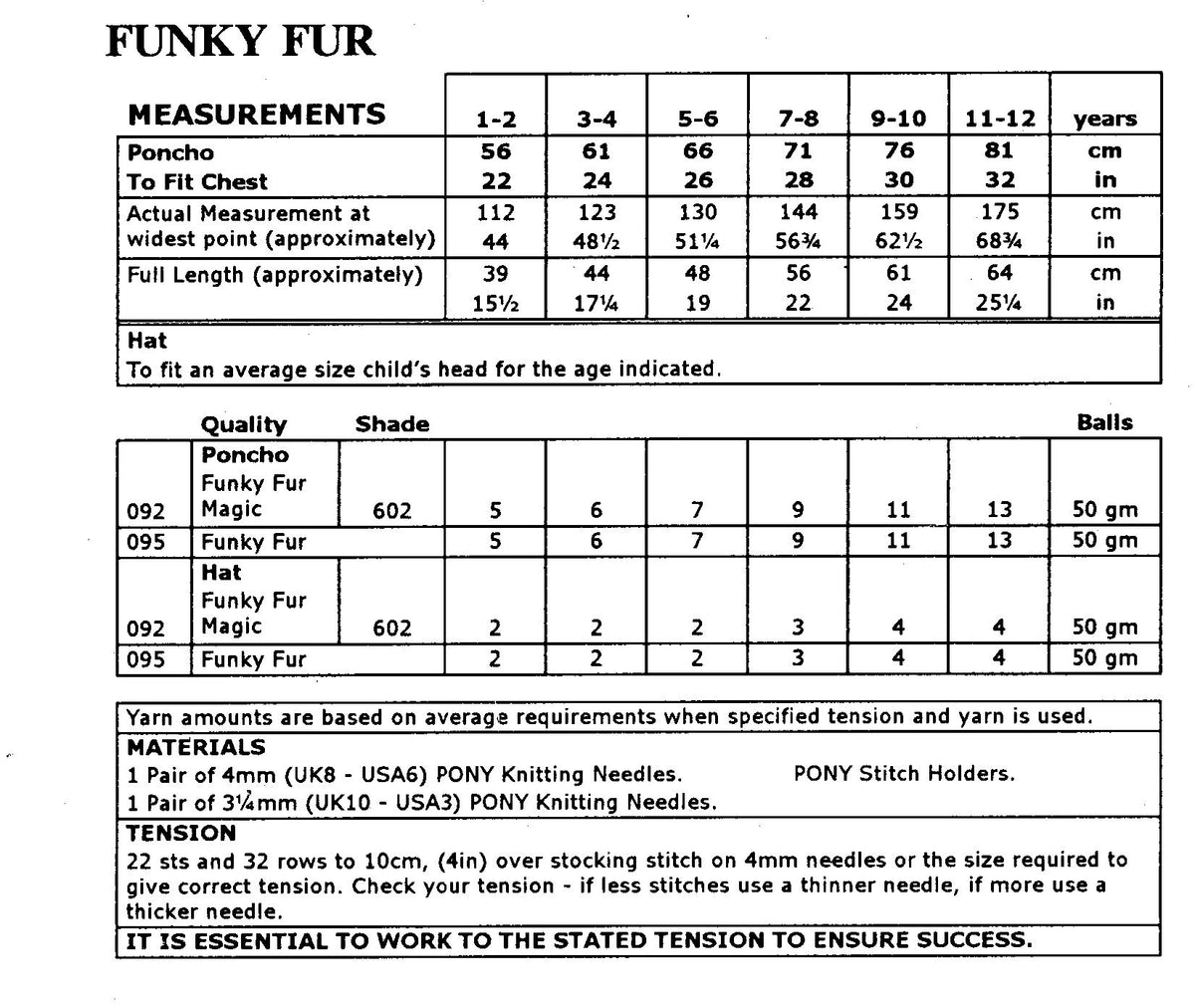 Girls Fur Poncho & Hat Furry Eyelash 22 - 32 DK Funky Fur 8 Ply Light Worsted Knitting Pattern pdf Download