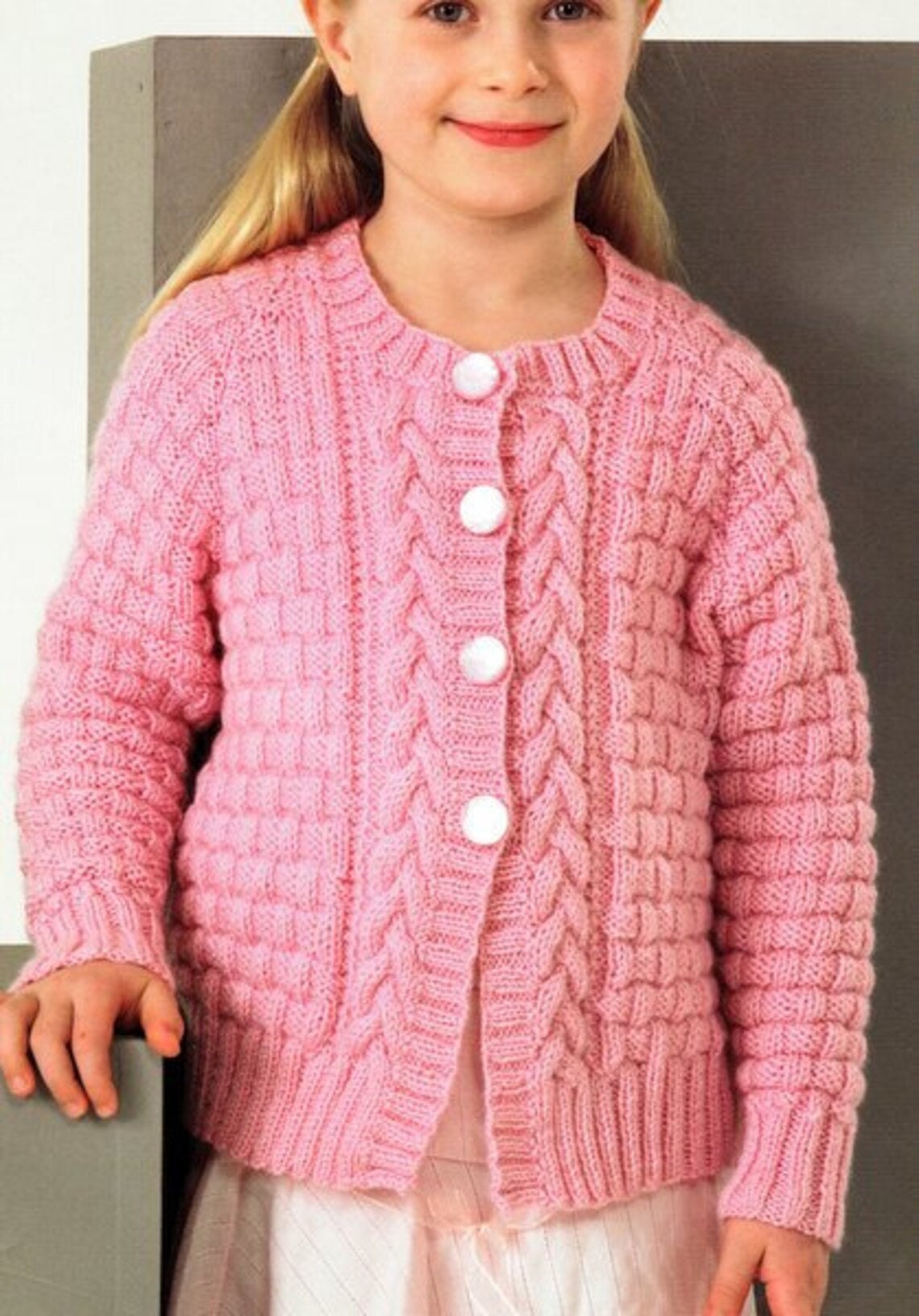 Girls Round Neck Cardigan Jacket Long or Short Sleeve Basket weave Cable 22 - 32" ~ 2 - 13 yrs ~ DK Wool 8ply Knitting Pattern pdf