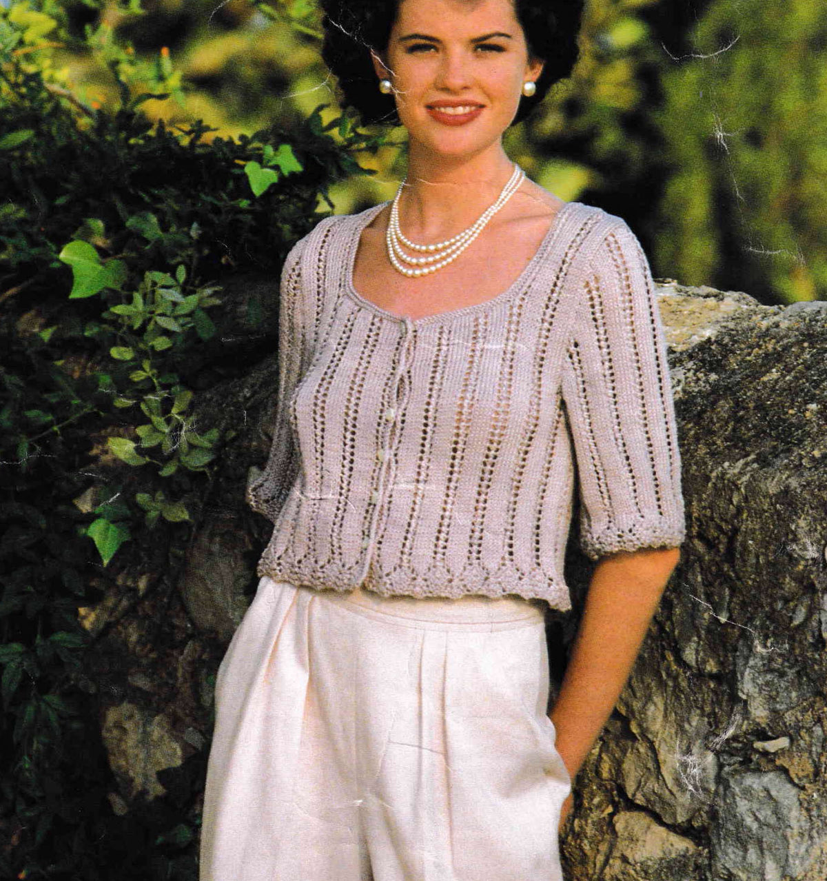 Ladies Summer short sleeved cardigan- Top ~ Eyelet Lace scalloped  edge- 32" - 40 " DK 8 Ply Knitting Pattern PDF Instant Download
