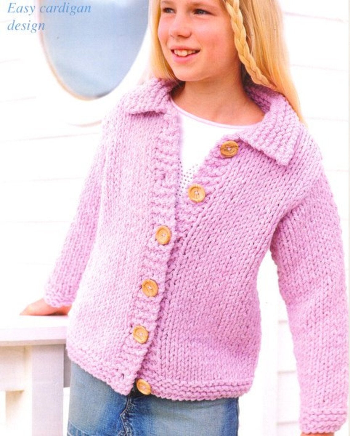 Easy Quick Girls Plain Collar Jacket Cardigan 22" - 32" (1- 12 yrs) - Super Bulky / Super Chunky Wool 14 Ply Knitting Pattern PDF download