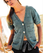 Easy  Womens V Neck Top Short Sleeve Cardigan- Eyelet pattern 32"-42" in DK 8ply Light worsted Wool Knitting Pattern PDF download